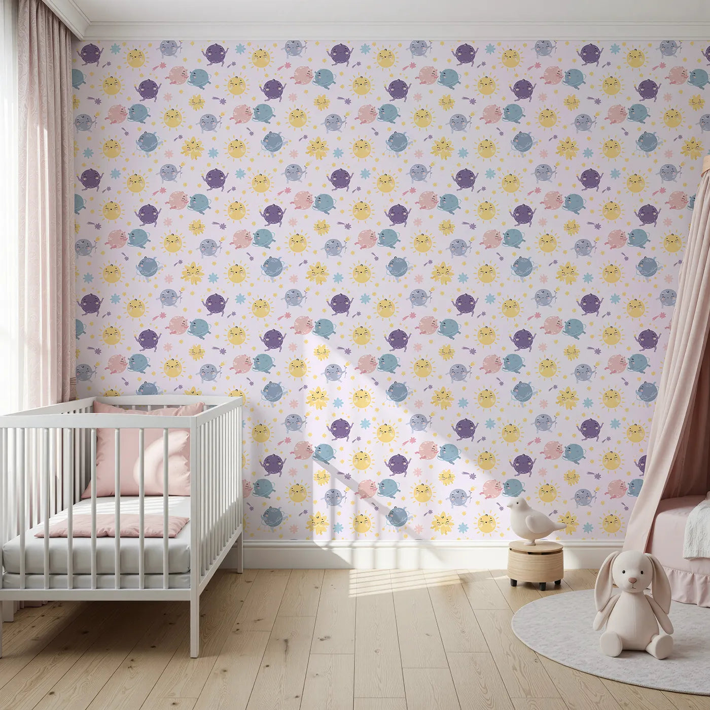 Front view of Whimsy Tots' Planet Pals Orbit Parade Wallpaper in Lilac Lavender