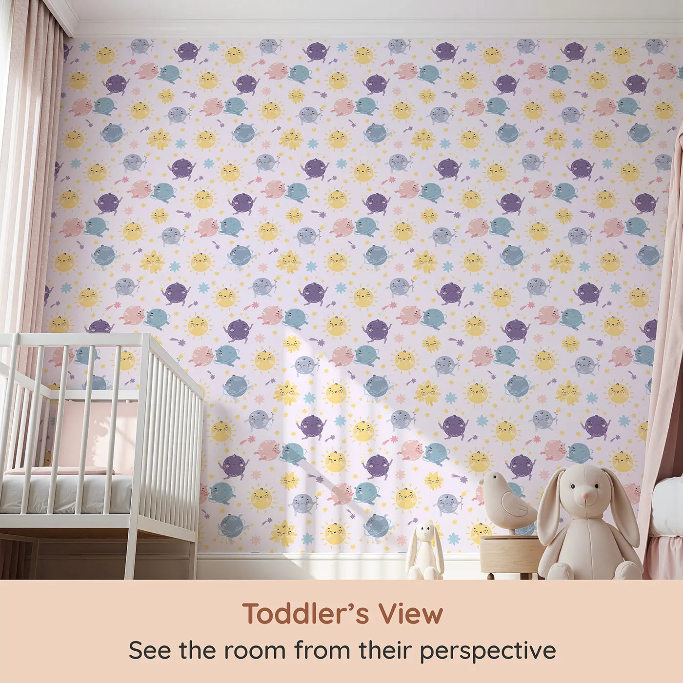 Whimsy Tots Planet Pals Orbit Parade Wallpaper in Lilac Lavender (W3199A) from your child's view.Dancing planets, smiling suns, and pastel comets twirl in a joyful galaxy.