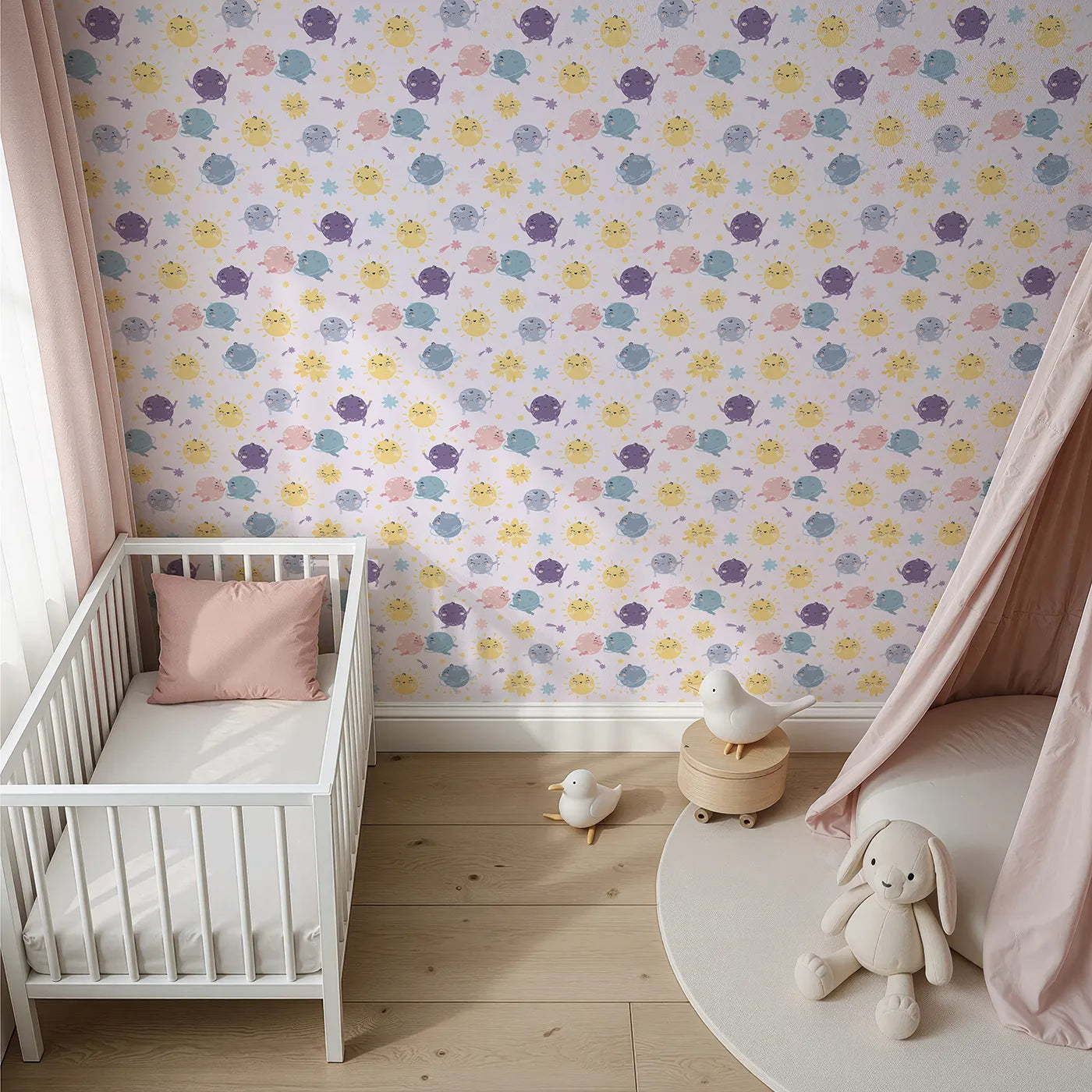 Top-Down view of Whimsy Tots' Planet Pals Orbit Parade Wallpaper in Lilac Lavender (W3199A).Dancing planets, smiling suns, and pastel comets twirl in a joyful galaxy.