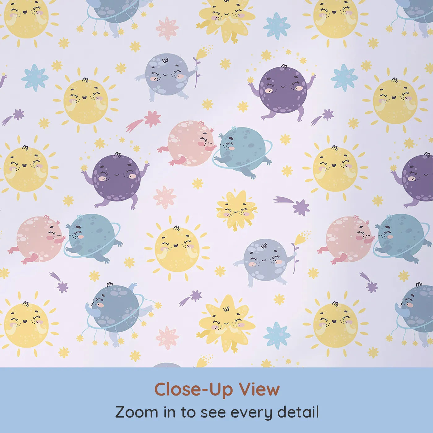 Close-up view of Whimsy Tots' Planet Pals Orbit Parade Wallpaper in Lilac Lavender (W3199A).Dancing planets, smiling suns, and pastel comets twirl in a joyful galaxy.