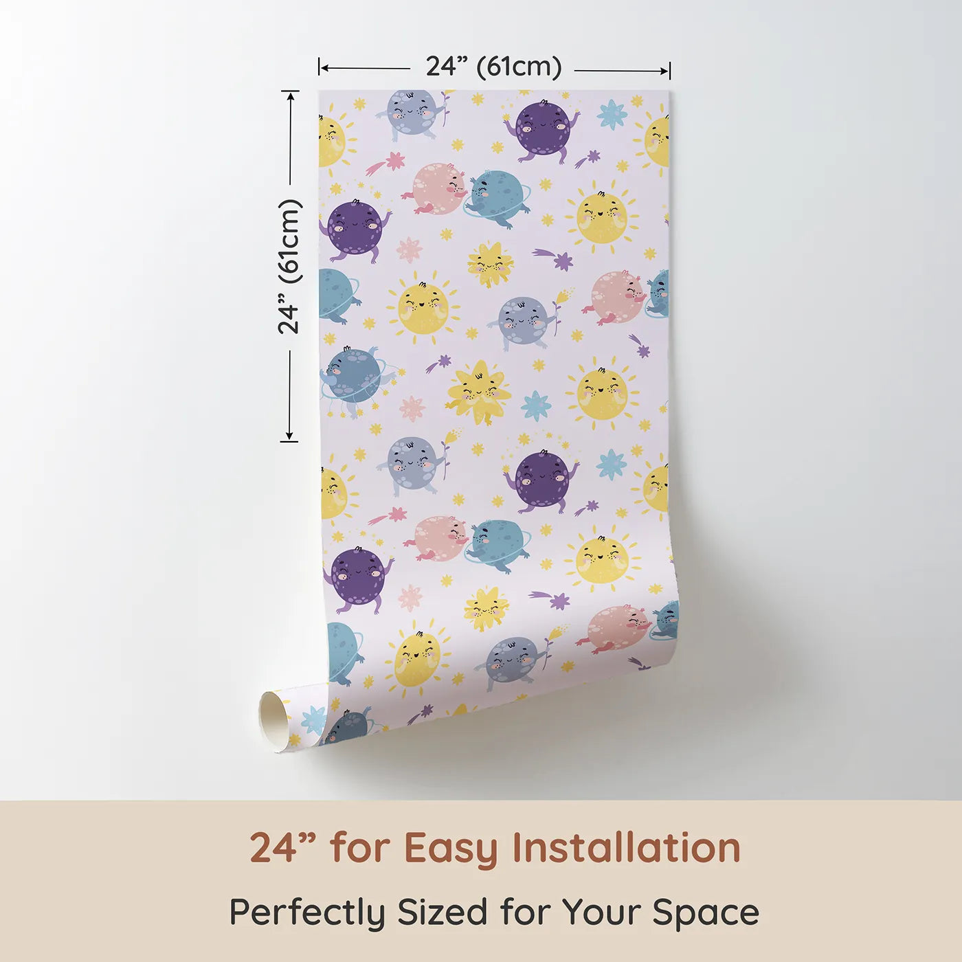 Dimension view of Whimsy Tots Planet Pals Orbit Parade Wallpaper in Lilac Lavender (W3199A). Printed in 24-inch-wide panel for easy installation. Dancing planets, smiling suns, and pastel comets twirl in a joyful galaxy.