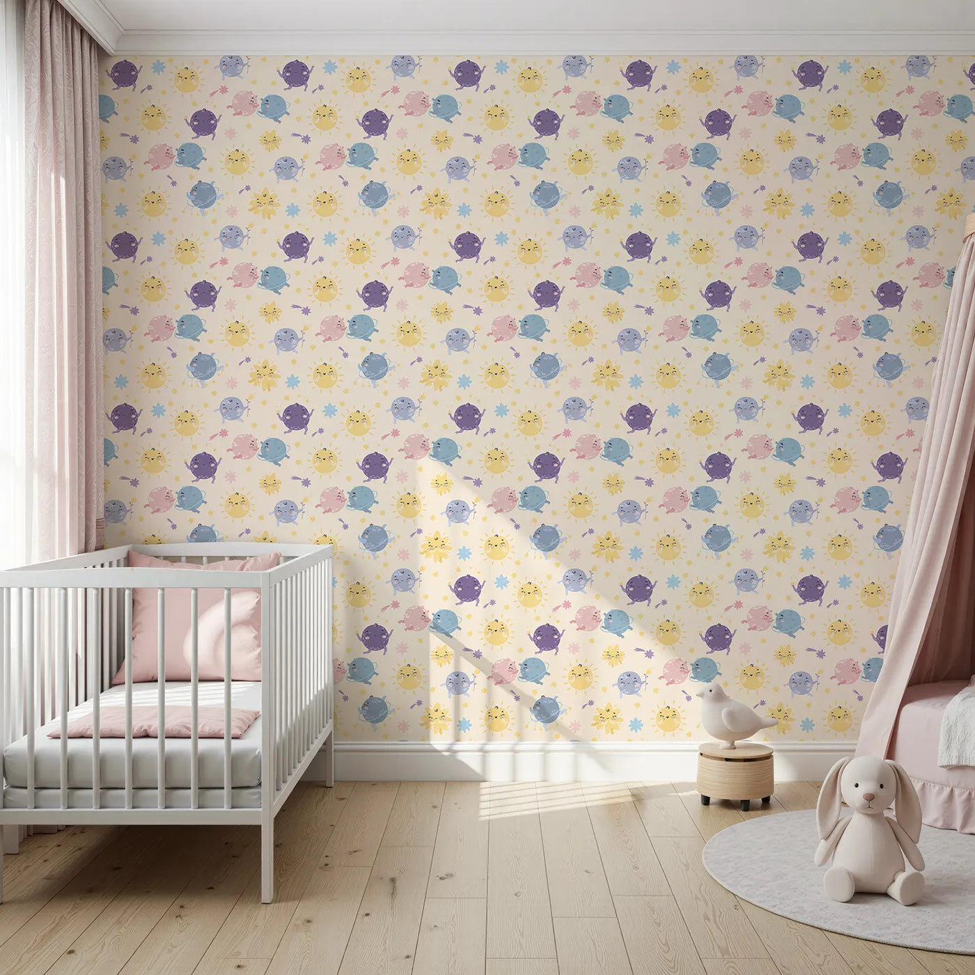 Front view of Whimsy Tots' Planet Pals Orbit Parade Wallpaper in Cream