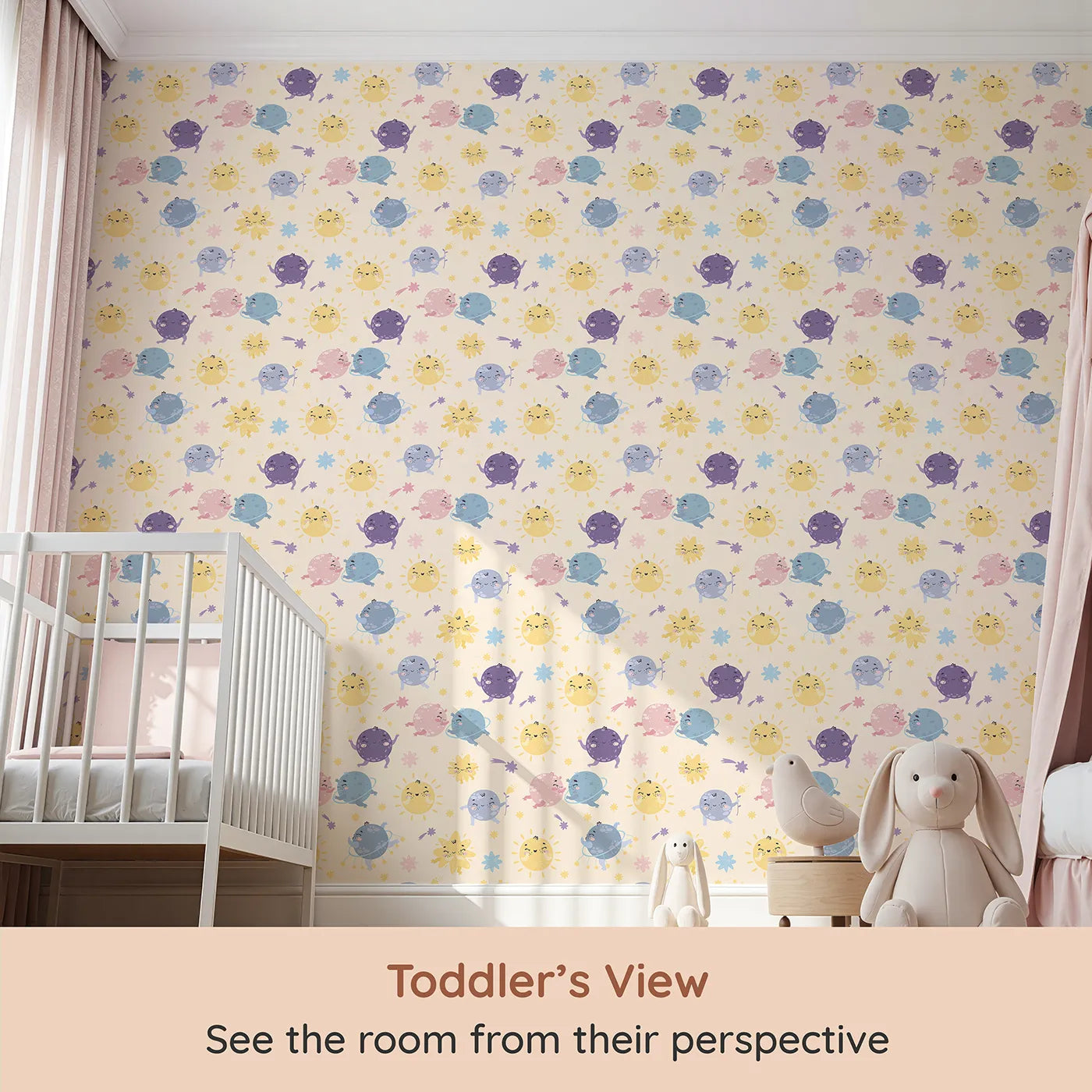 Whimsy Tots Planet Pals Orbit Parade Wallpaper in Cream (W3199B) from your child's view.Dancing planets, smiling suns, and pastel comets twirl in a joyful galaxy.