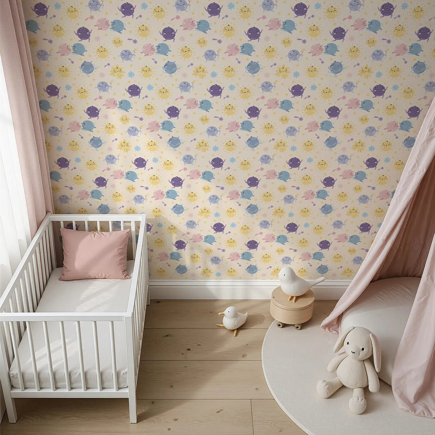 Top-Down view of Whimsy Tots' Planet Pals Orbit Parade Wallpaper in Cream (W3199B).Dancing planets, smiling suns, and pastel comets twirl in a joyful galaxy.
