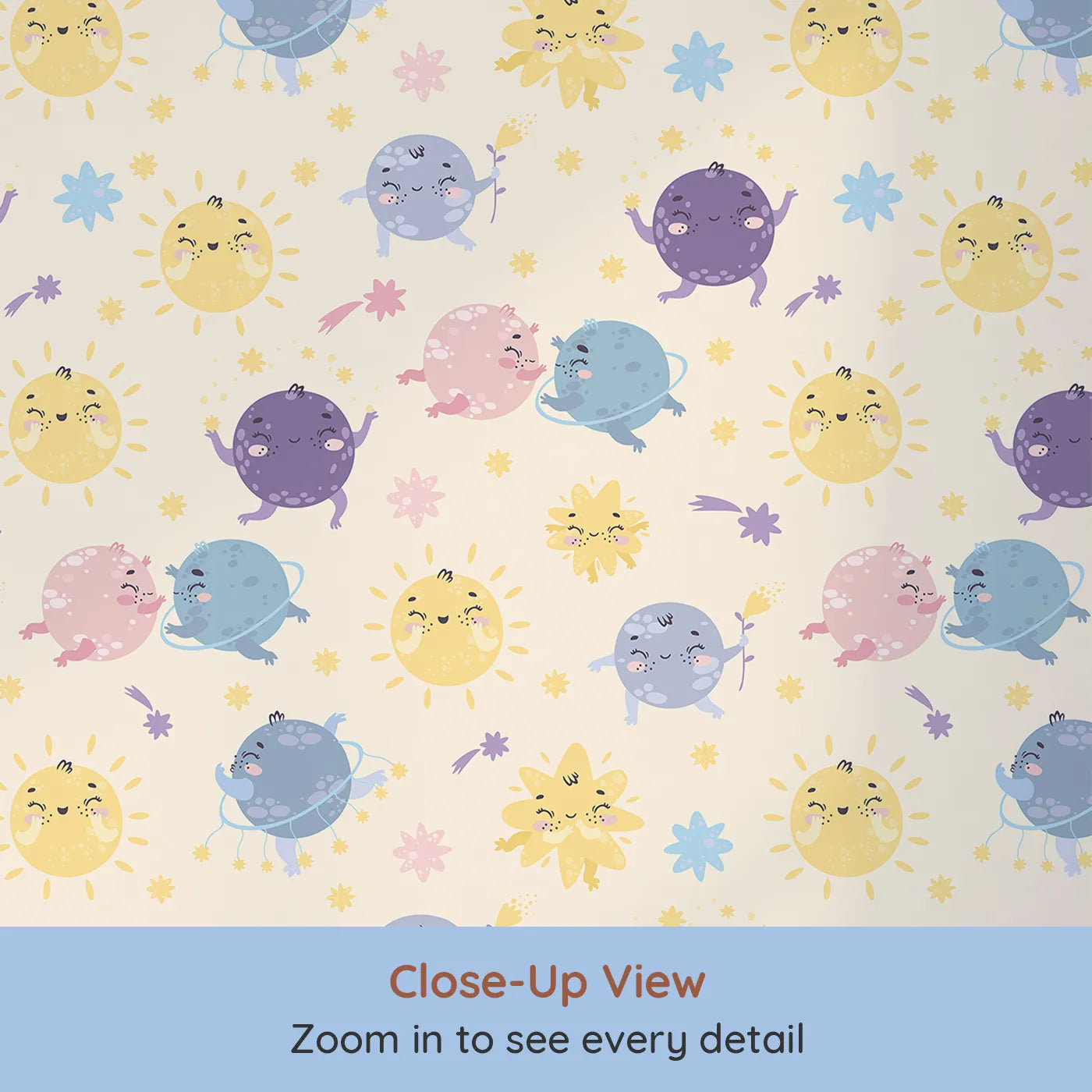 Close-up view of Whimsy Tots' Planet Pals Orbit Parade Wallpaper in Cream (W3199B).Dancing planets, smiling suns, and pastel comets twirl in a joyful galaxy.
