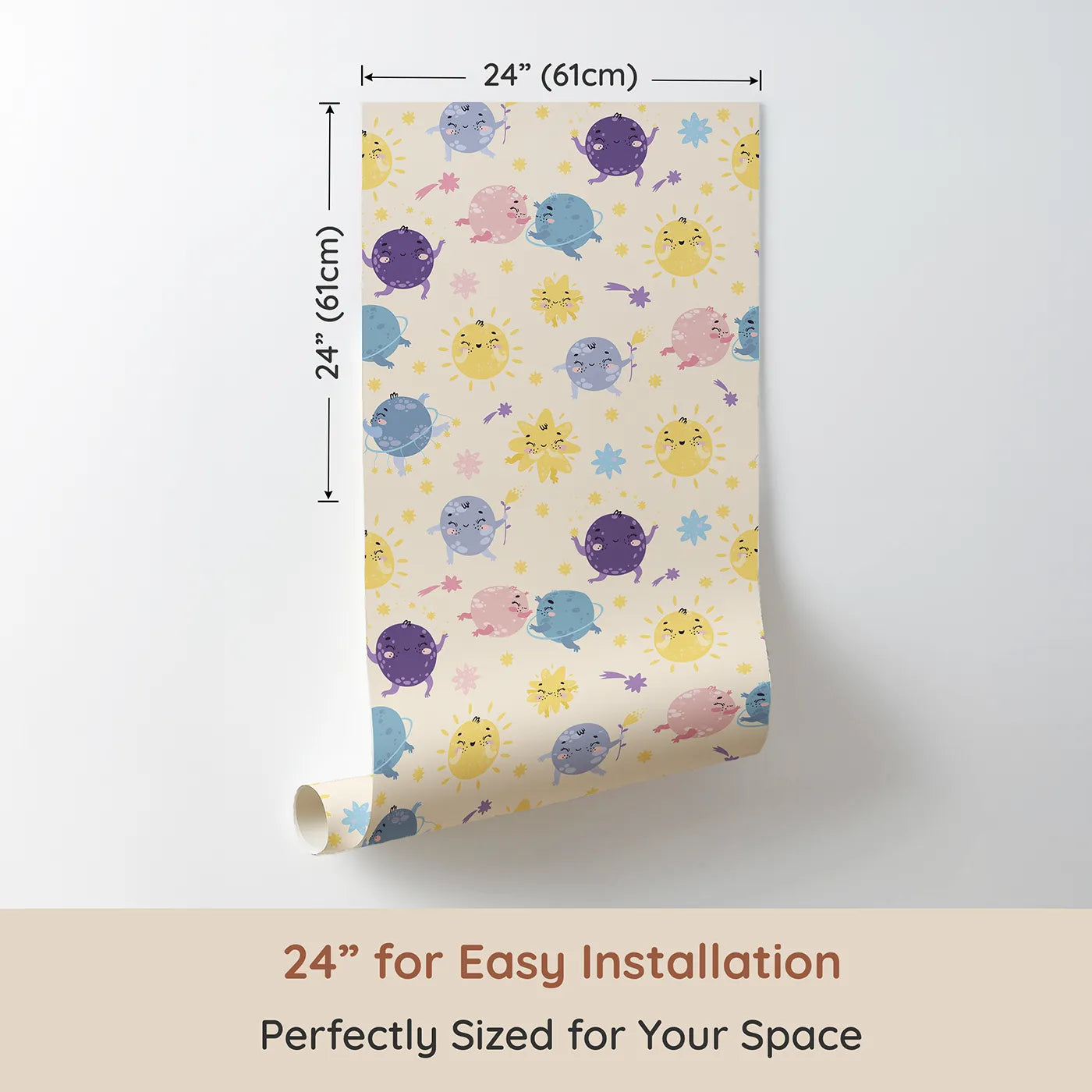 Dimension view of Whimsy Tots Planet Pals Orbit Parade Wallpaper in Cream (W3199B). Printed in 24-inch-wide panel for easy installation. Dancing planets, smiling suns, and pastel comets twirl in a joyful galaxy.