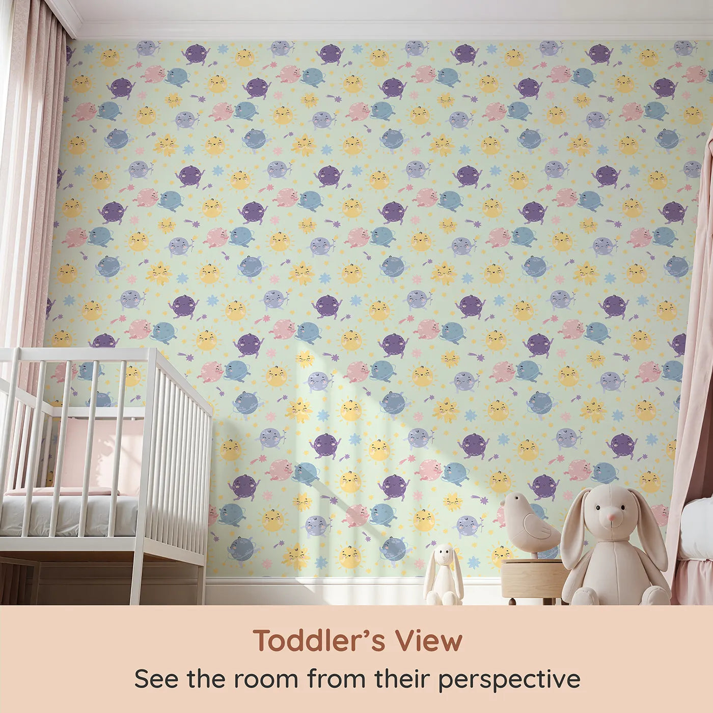 Whimsy Tots Planet Pals Orbit Parade Wallpaper in Mint Green (W3199C) from your child's view.Dancing planets, smiling suns, and pastel comets twirl in a joyful galaxy.