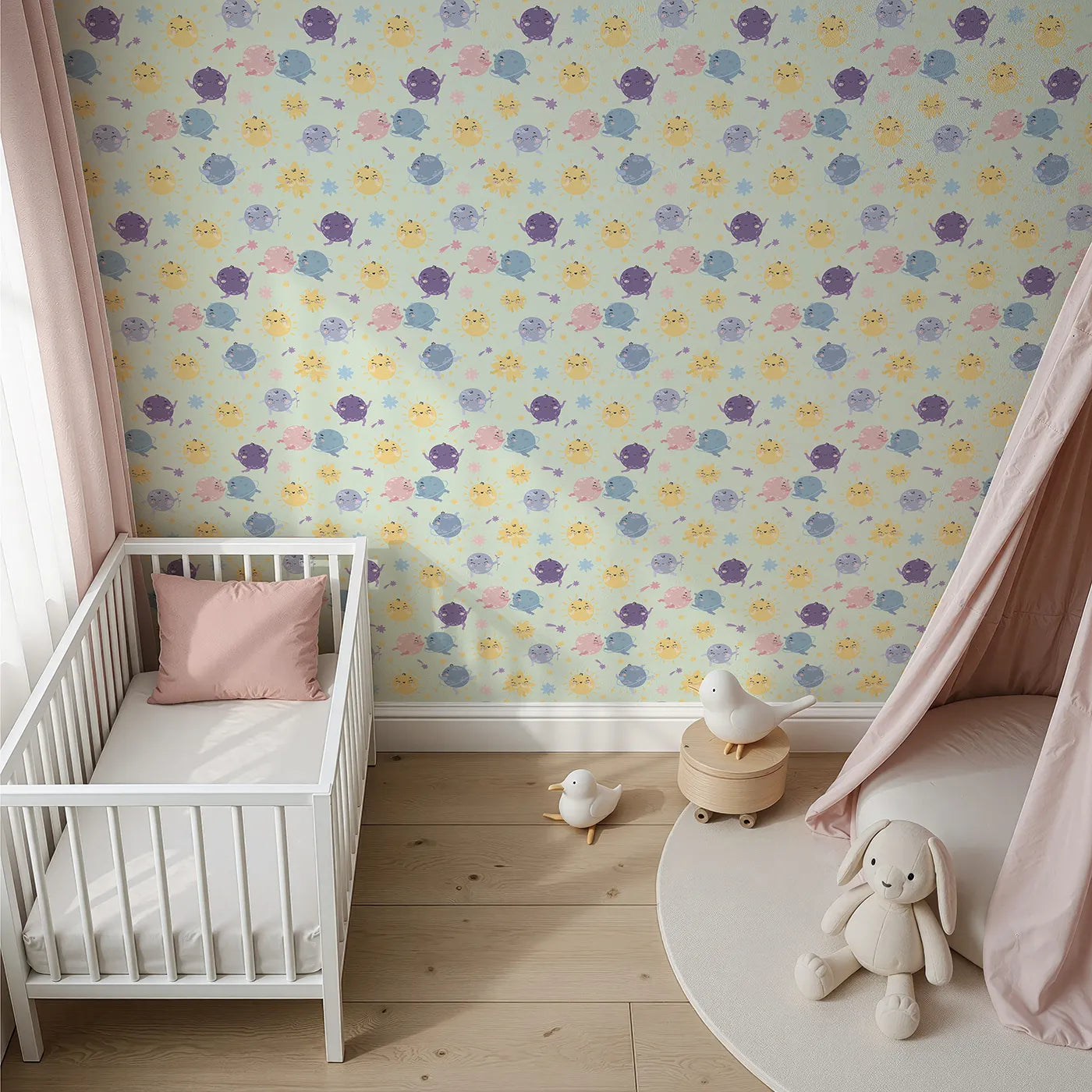 Top-Down view of Whimsy Tots' Planet Pals Orbit Parade Wallpaper in Mint Green (W3199C).Dancing planets, smiling suns, and pastel comets twirl in a joyful galaxy.