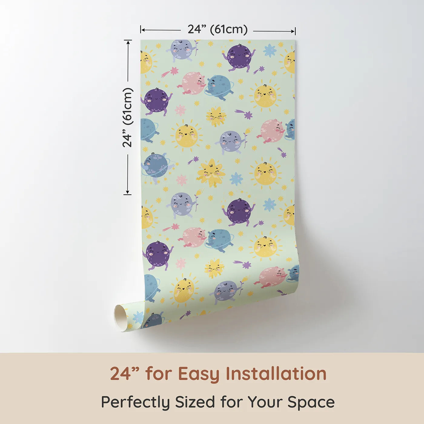 Dimension view of Whimsy Tots Planet Pals Orbit Parade Wallpaper in Mint Green (W3199C). Printed in 24-inch-wide panel for easy installation. Dancing planets, smiling suns, and pastel comets twirl in a joyful galaxy.