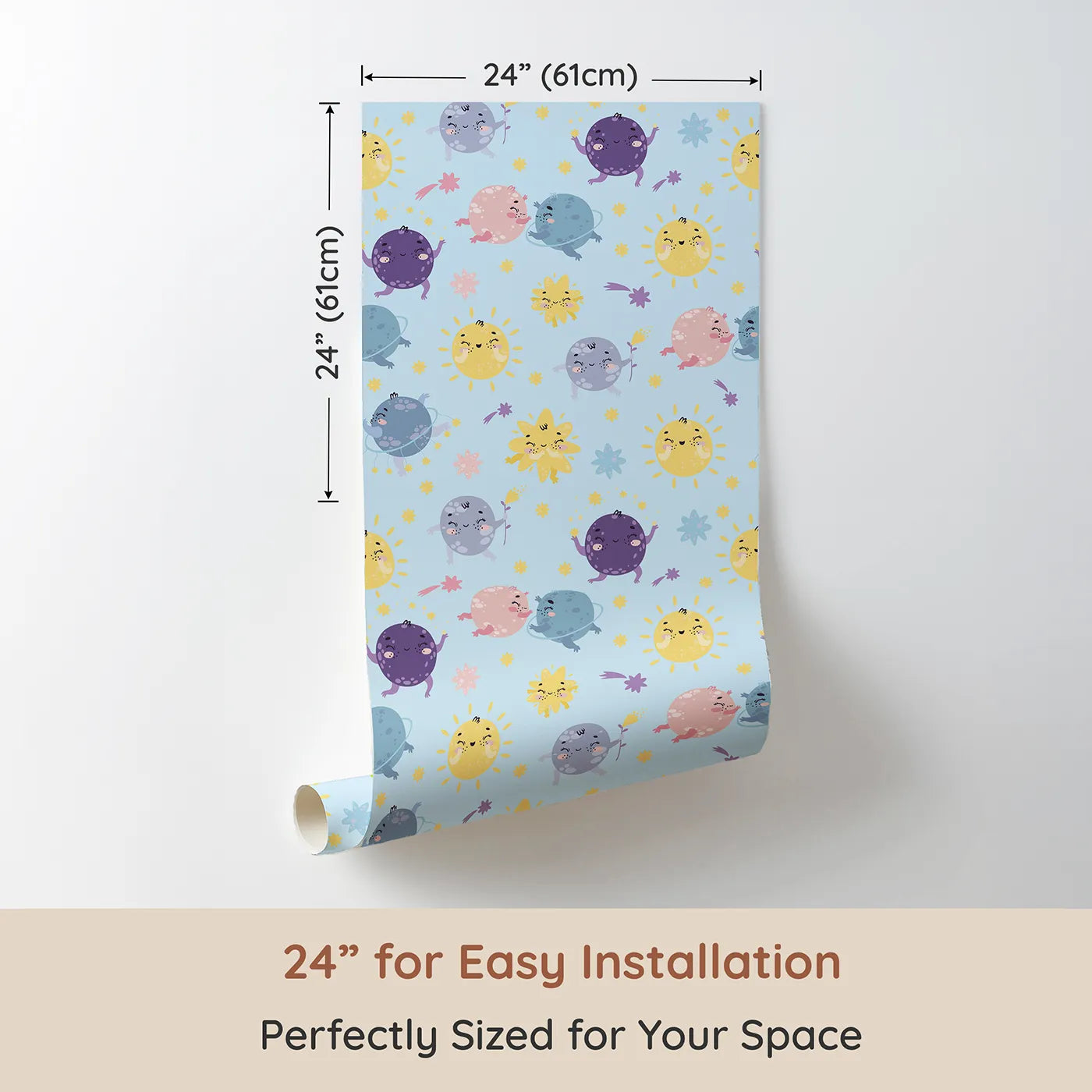 Dimension view of Whimsy Tots Planet Pals Orbit Parade Wallpaper in Sky Blue (W3199D). Printed in 24-inch-wide panel for easy installation. Dancing planets, smiling suns, and pastel comets twirl in a joyful galaxy.