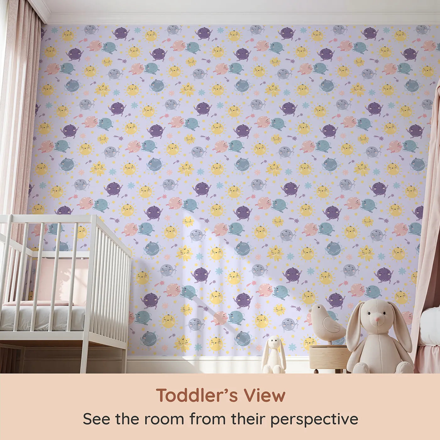 Whimsy Tots Planet Pals Orbit Parade Wallpaper in Lavender (W3199E) from your child's view.Dancing planets, smiling suns, and pastel comets twirl in a joyful galaxy.
