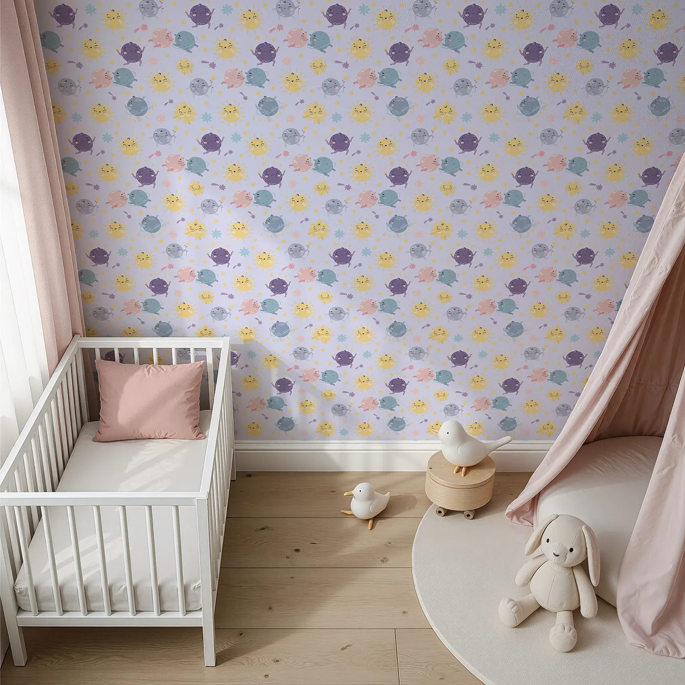 Top-Down view of Whimsy Tots' Planet Pals Orbit Parade Wallpaper in Lavender (W3199E).Dancing planets, smiling suns, and pastel comets twirl in a joyful galaxy.