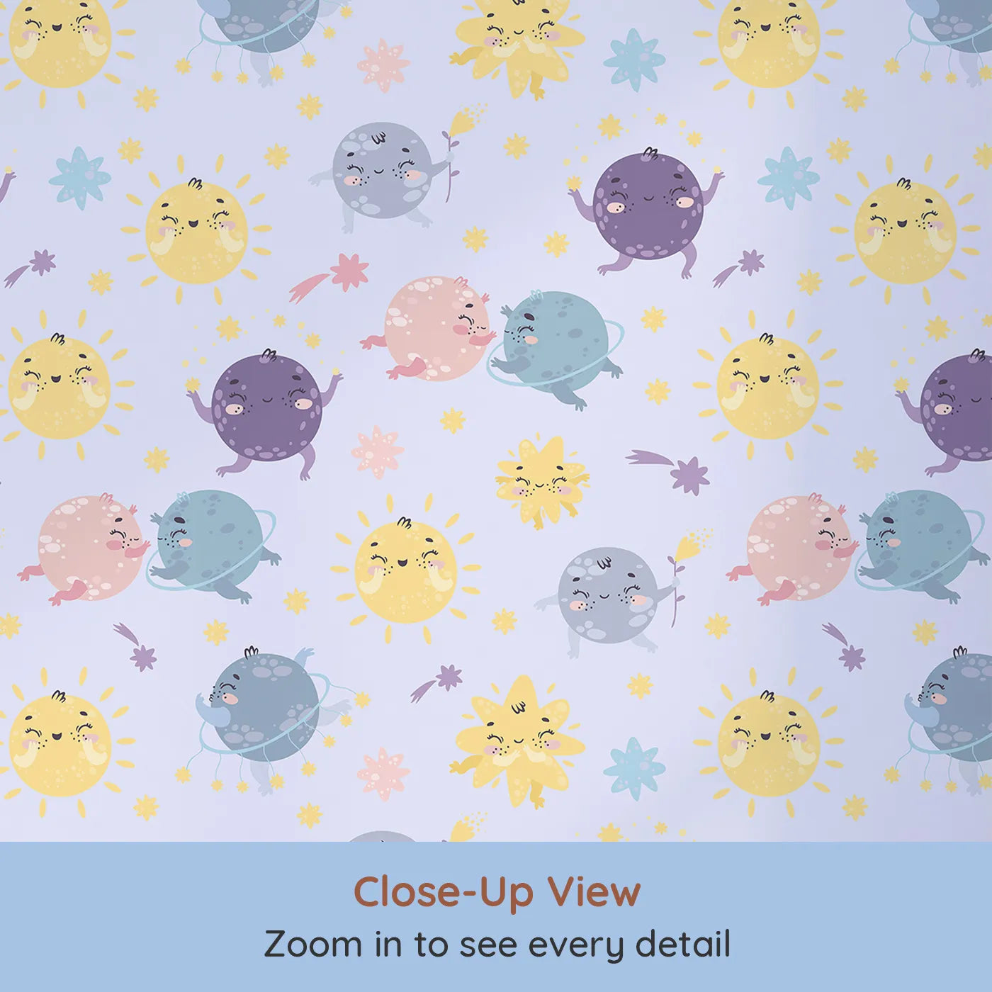 Close-up view of Whimsy Tots' Planet Pals Orbit Parade Wallpaper in Lavender (W3199E).Dancing planets, smiling suns, and pastel comets twirl in a joyful galaxy.
