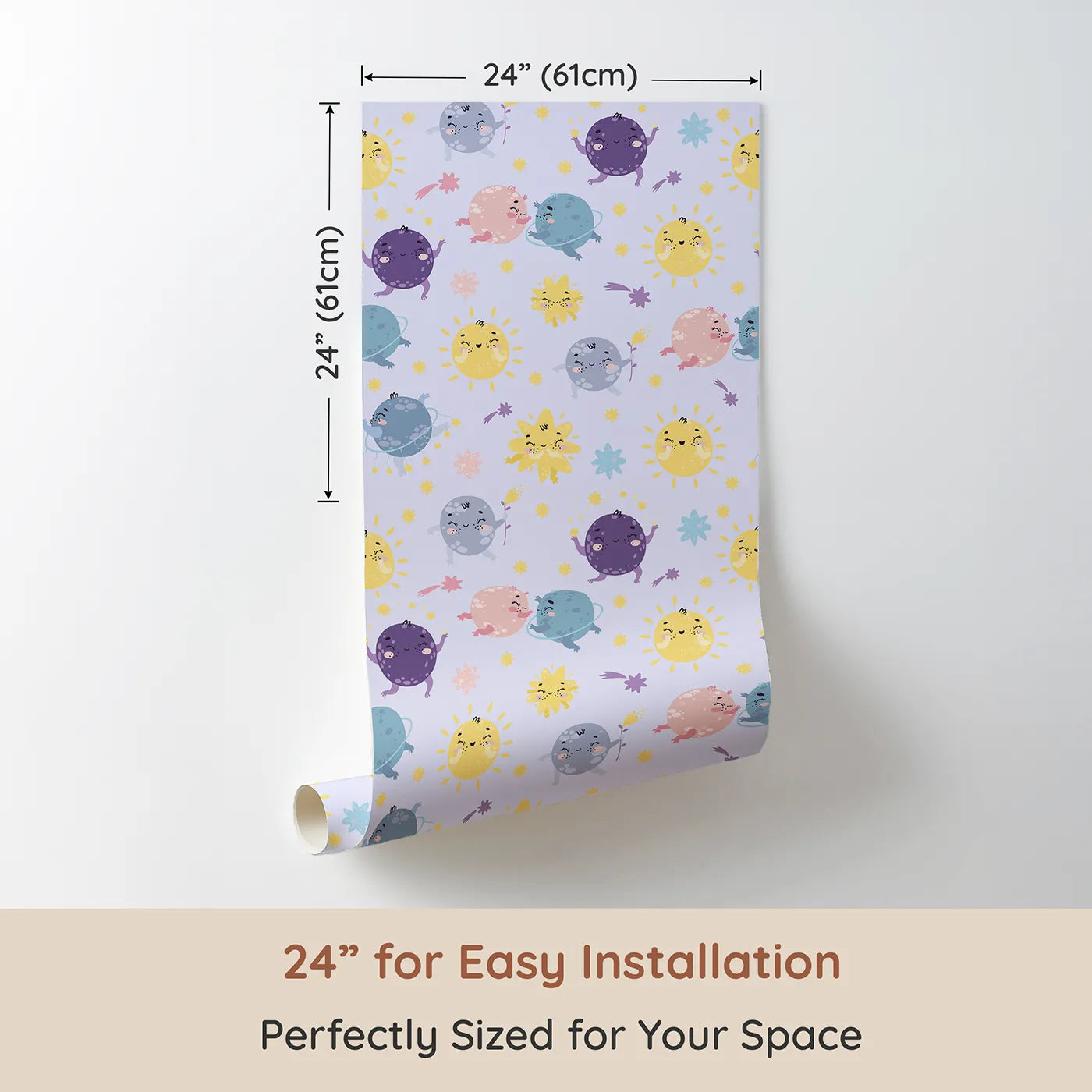 Dimension view of Whimsy Tots Planet Pals Orbit Parade Wallpaper in Lavender (W3199E). Printed in 24-inch-wide panel for easy installation. Dancing planets, smiling suns, and pastel comets twirl in a joyful galaxy.