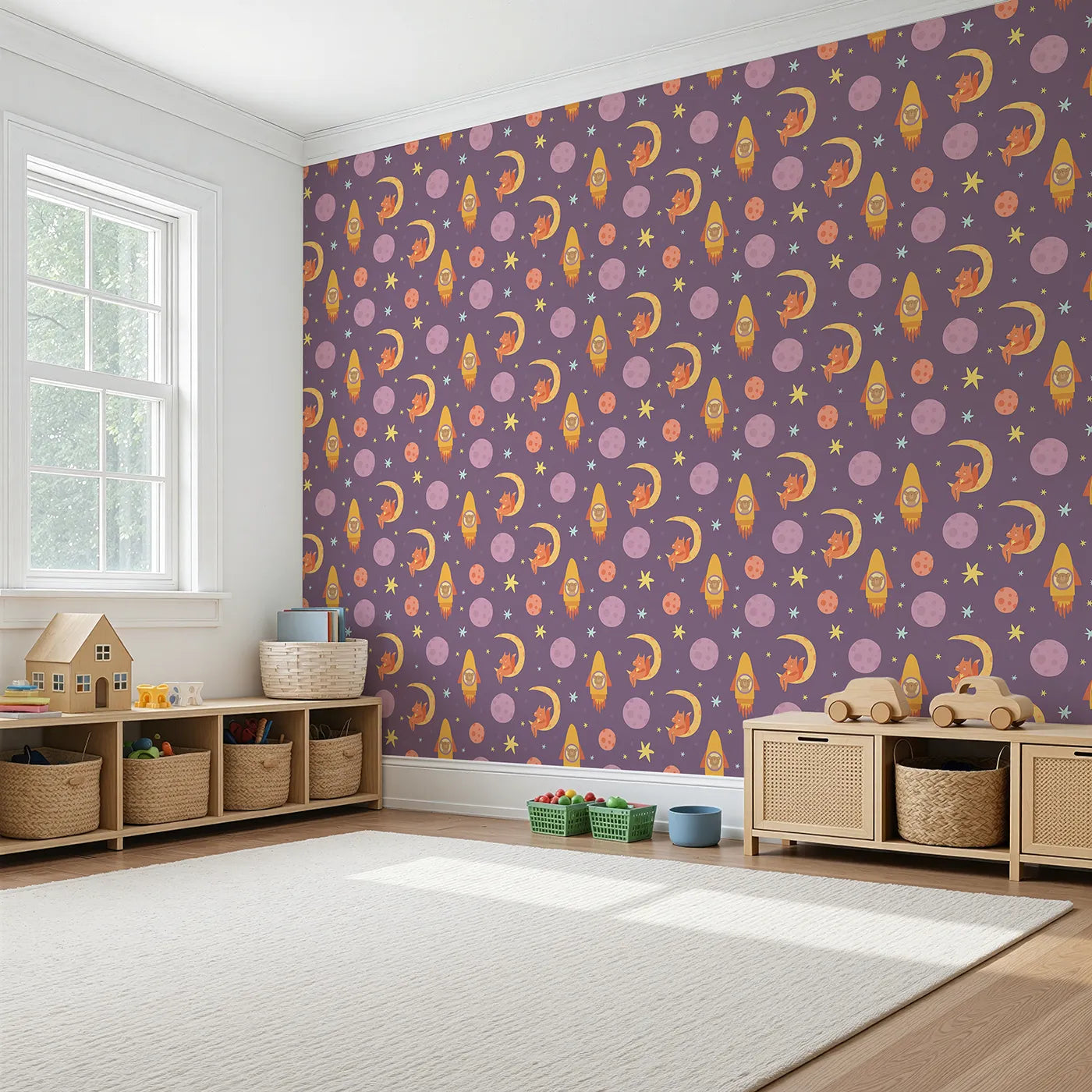 Angled view of Whimsy Tots' Fox and Koala Space Mission Wallpaper in Plum (W3200A).Rocket-riding koalas and moon-resting foxes light up the galaxy with charm.