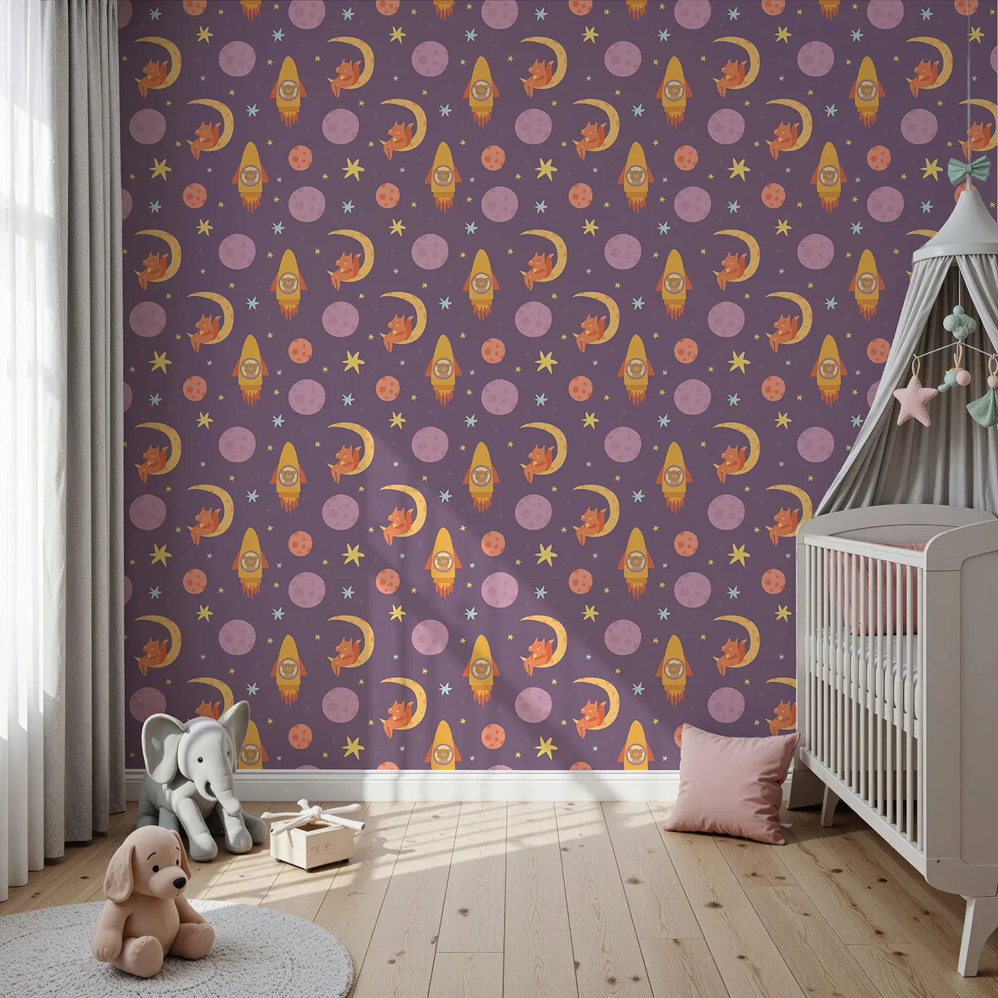 Front view of Whimsy Tots' Fox and Koala Space Mission Wallpaper in Plum