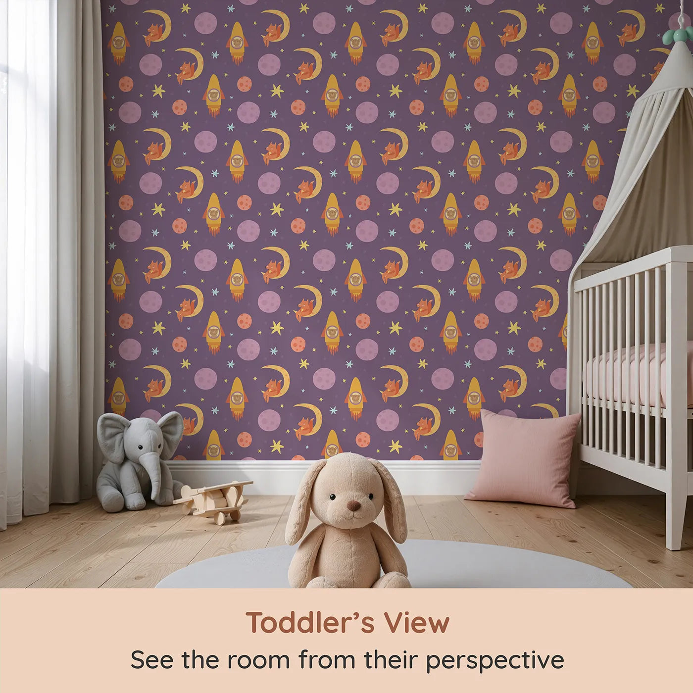 Whimsy Tots Fox and Koala Space Mission Wallpaper in Plum (W3200A) from your child's view.Rocket-riding koalas and moon-resting foxes light up the galaxy with charm.
