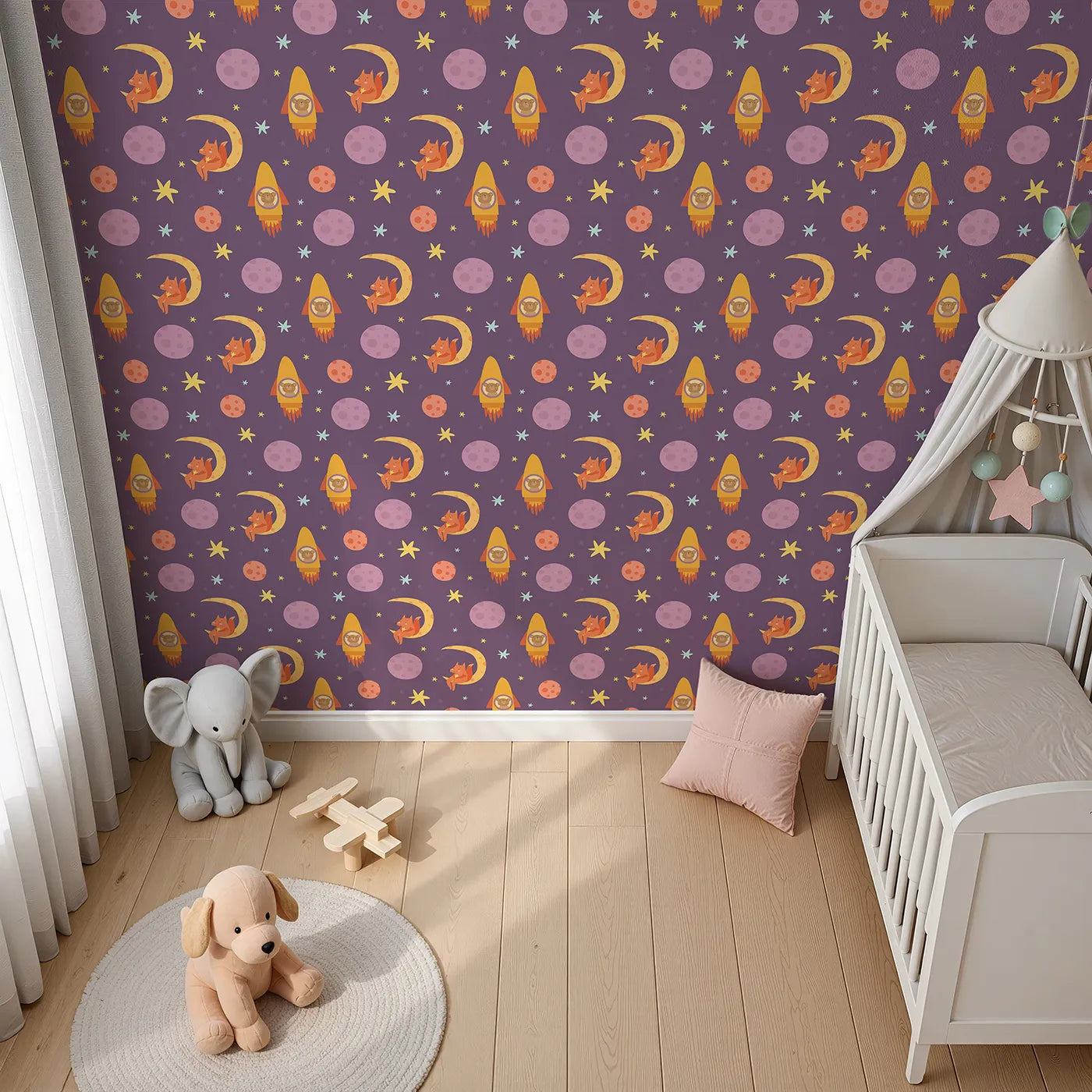 Top-Down view of Whimsy Tots' Fox and Koala Space Mission Wallpaper in Plum (W3200A).Rocket-riding koalas and moon-resting foxes light up the galaxy with charm.