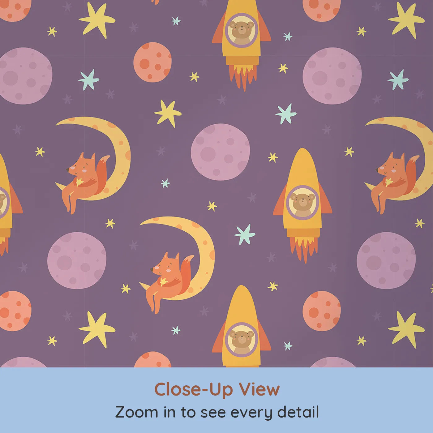 Close-up view of Whimsy Tots' Fox and Koala Space Mission Wallpaper in Plum (W3200A).Rocket-riding koalas and moon-resting foxes light up the galaxy with charm.