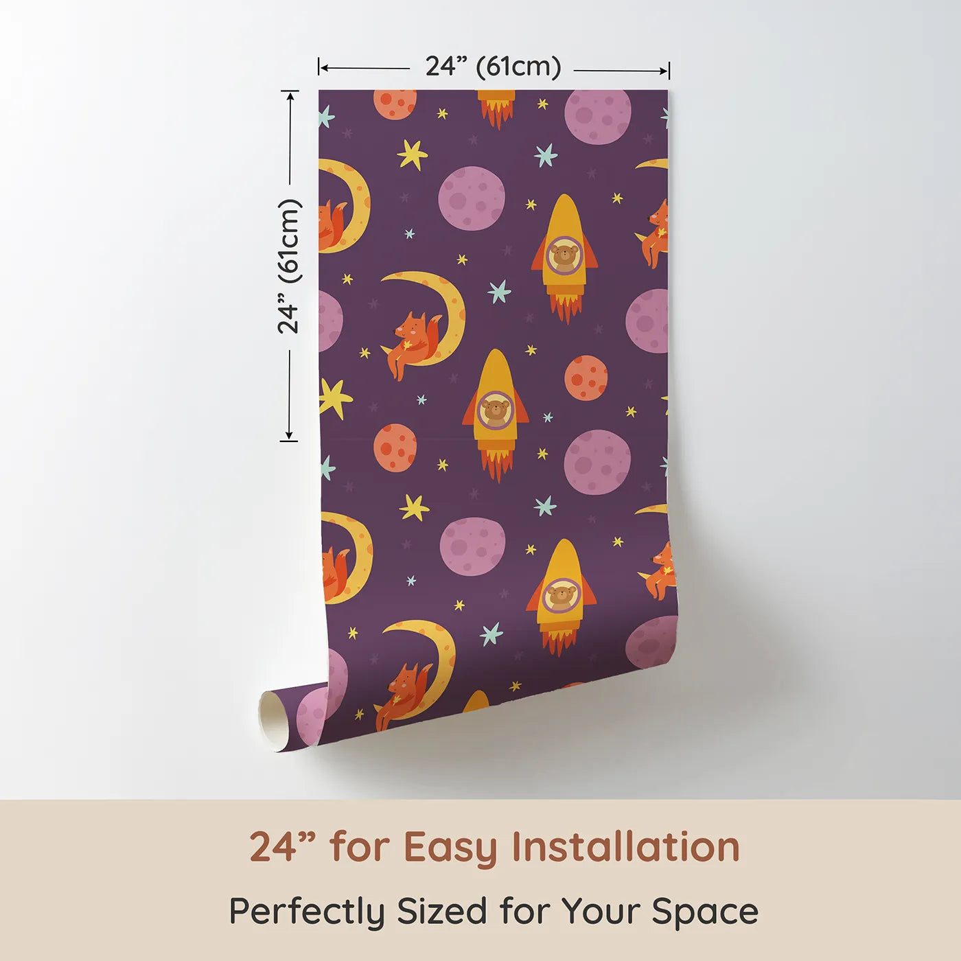 Dimension view of Whimsy Tots Fox and Koala Space Mission Wallpaper in Plum (W3200A). Printed in 24-inch-wide panel for easy installation. Rocket-riding koalas and moon-resting foxes light up the galaxy with charm.