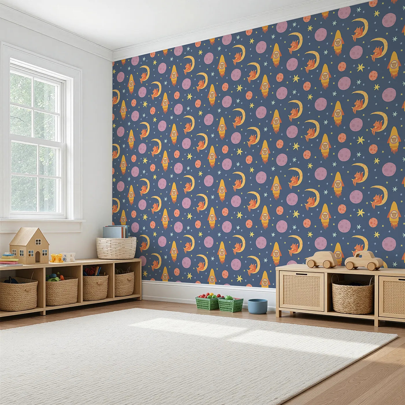 Angled view of Whimsy Tots' Fox and Koala Space Mission Wallpaper in Twilight Blue (W3200B).Cheeky foxes and brave koalas explore the cosmos in a dreamy dusk sky.
