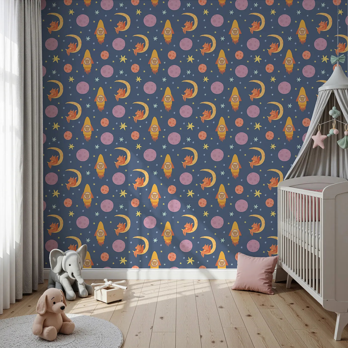 Front view of Whimsy Tots' Fox and Koala Space Mission Wallpaper in Twilight Blue