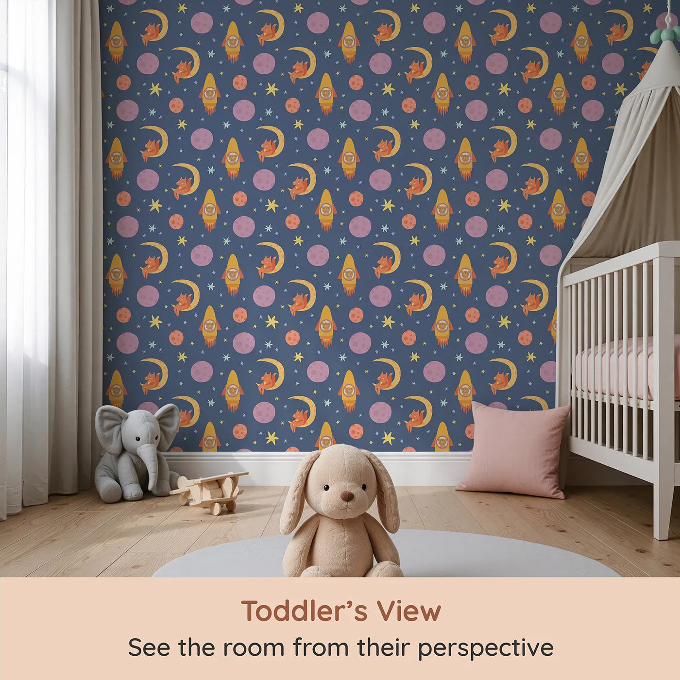Whimsy Tots Fox and Koala Space Mission Wallpaper in Twilight Blue (W3200B) from your child's view.Cheeky foxes and brave koalas explore the cosmos in a dreamy dusk sky.