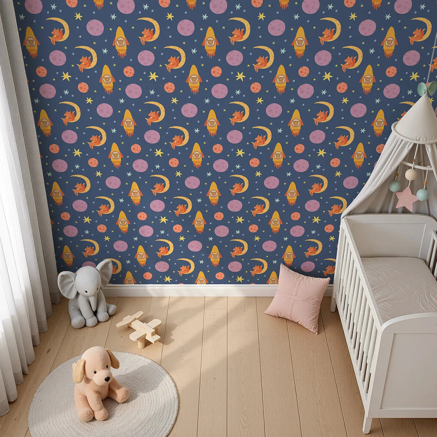 Top-Down view of Whimsy Tots' Fox and Koala Space Mission Wallpaper in Twilight Blue (W3200B).Cheeky foxes and brave koalas explore the cosmos in a dreamy dusk sky.