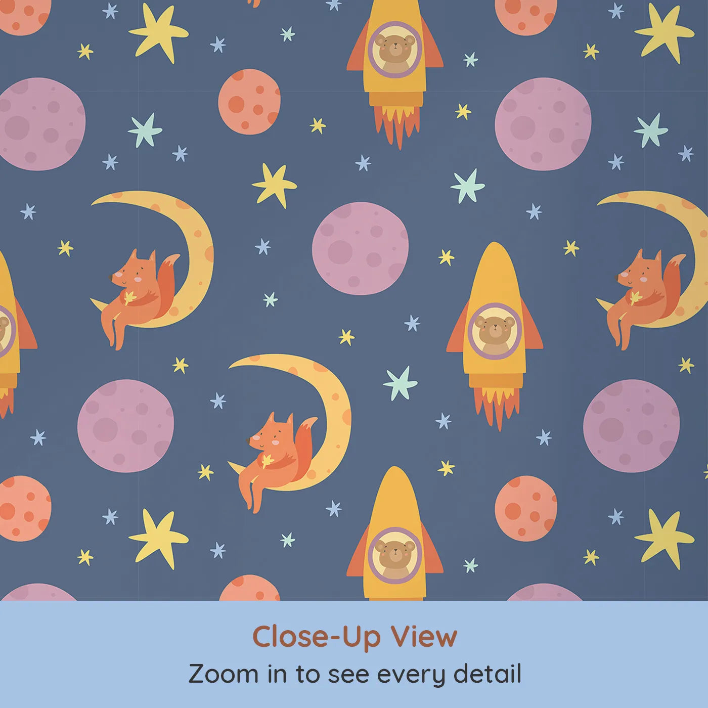 Close-up view of Whimsy Tots' Fox and Koala Space Mission Wallpaper in Twilight Blue (W3200B).Cheeky foxes and brave koalas explore the cosmos in a dreamy dusk sky.