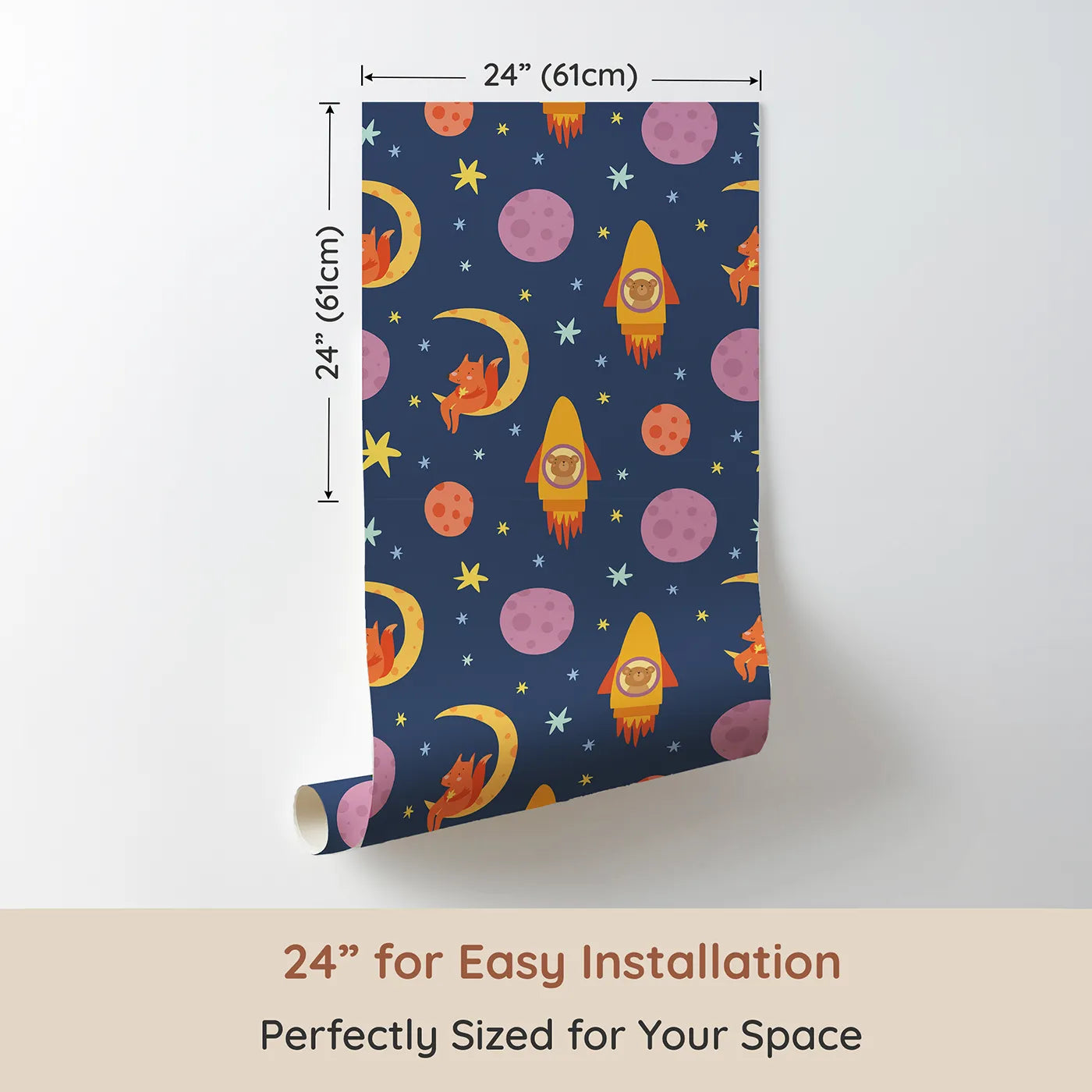 Dimension view of Whimsy Tots Fox and Koala Space Mission Wallpaper in Twilight Blue (W3200B). Printed in 24-inch-wide panel for easy installation. Cheeky foxes and brave koalas explore the cosmos in a dreamy dusk sky.