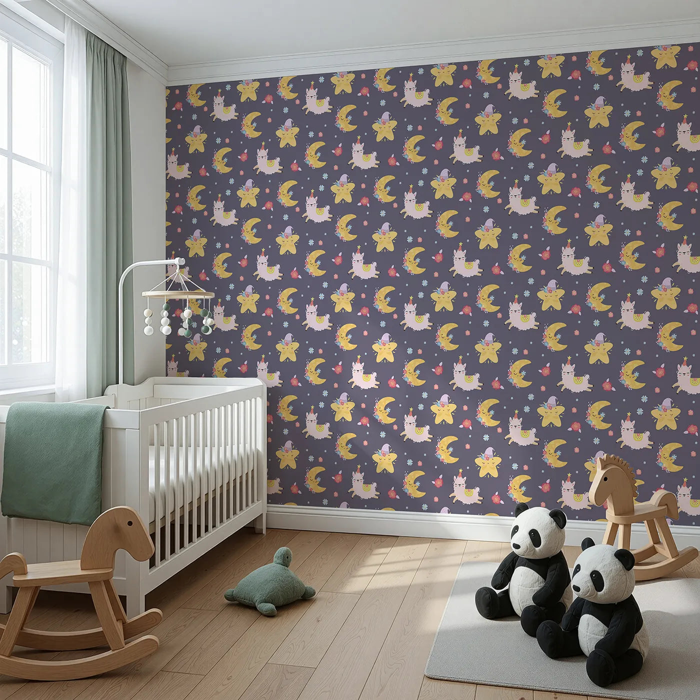 Angled view of Whimsy Tots' Llama Moon Parade Wallpaper in Twilight Plum (W3201A).Dancing llamas and sleepy moons twirl through a dreamy night sky.