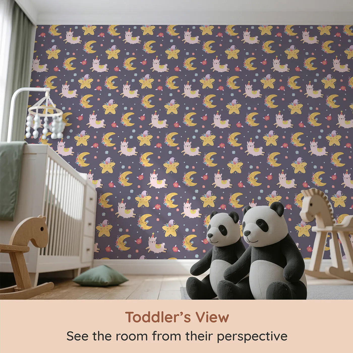 Whimsy Tots Llama Moon Parade Wallpaper in Twilight Plum (W3201A) from your child's view.Dancing llamas and sleepy moons twirl through a dreamy night sky.
