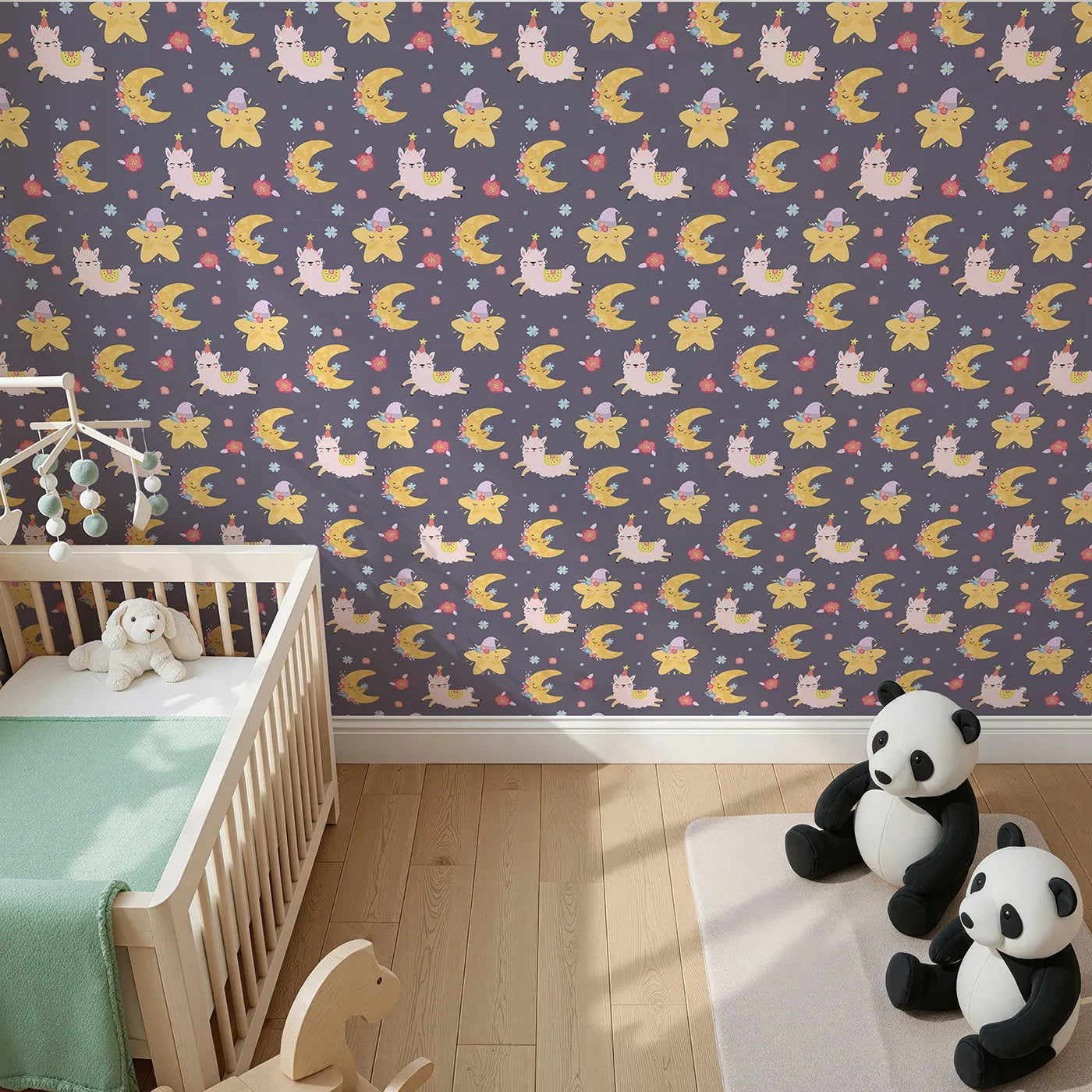 Top-Down view of Whimsy Tots' Llama Moon Parade Wallpaper in Twilight Plum (W3201A).Dancing llamas and sleepy moons twirl through a dreamy night sky.