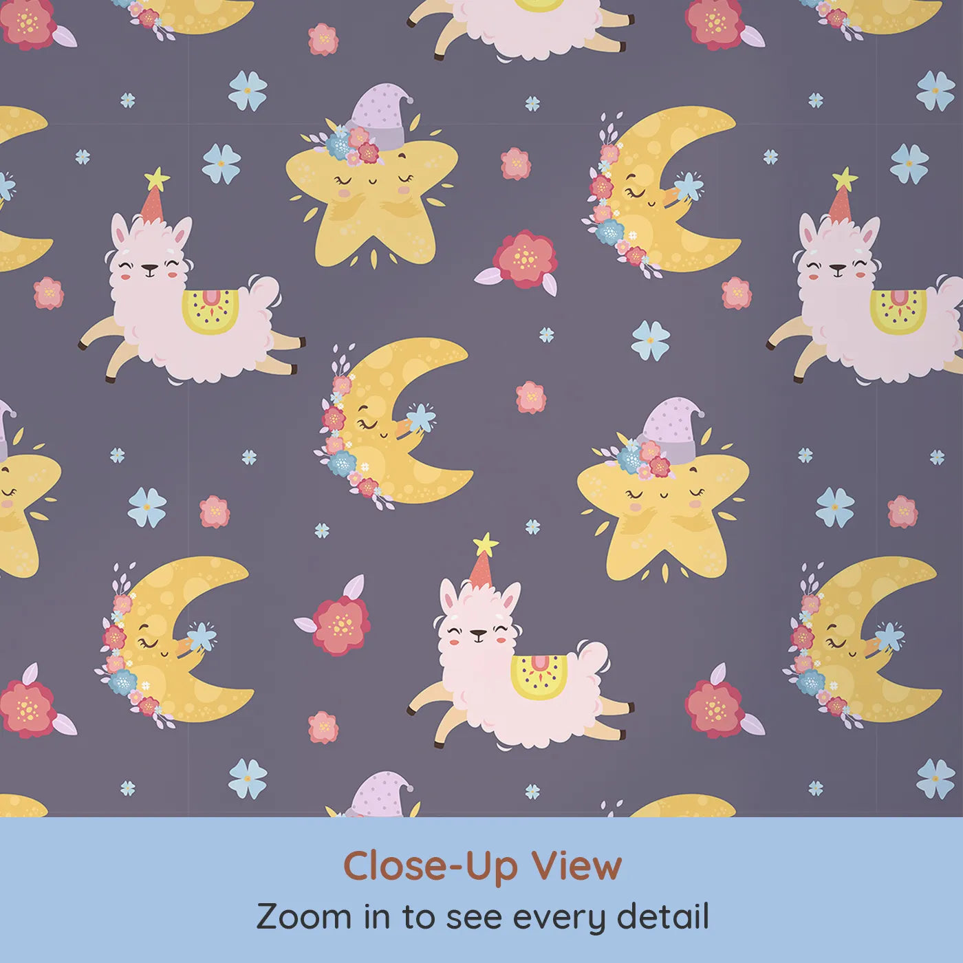 Close-up view of Whimsy Tots' Llama Moon Parade Wallpaper in Twilight Plum (W3201A).Dancing llamas and sleepy moons twirl through a dreamy night sky.