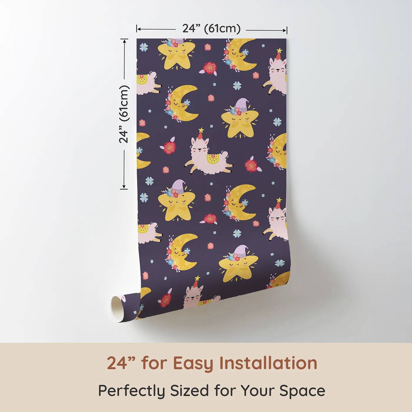 Dimension view of Whimsy Tots Llama Moon Parade Wallpaper in Twilight Plum (W3201A). Printed in 24-inch-wide panel for easy installation. Dancing llamas and sleepy moons twirl through a dreamy night sky.