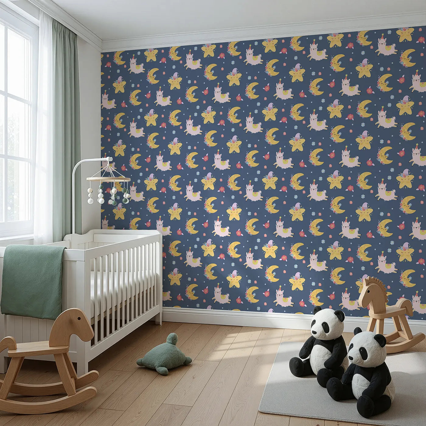 Angled view of Whimsy Tots' Llama Moon Parade Wallpaper in Soft Night Blue (W3201B).Sweet llamas and twinkling moons float across a peaceful night sky.