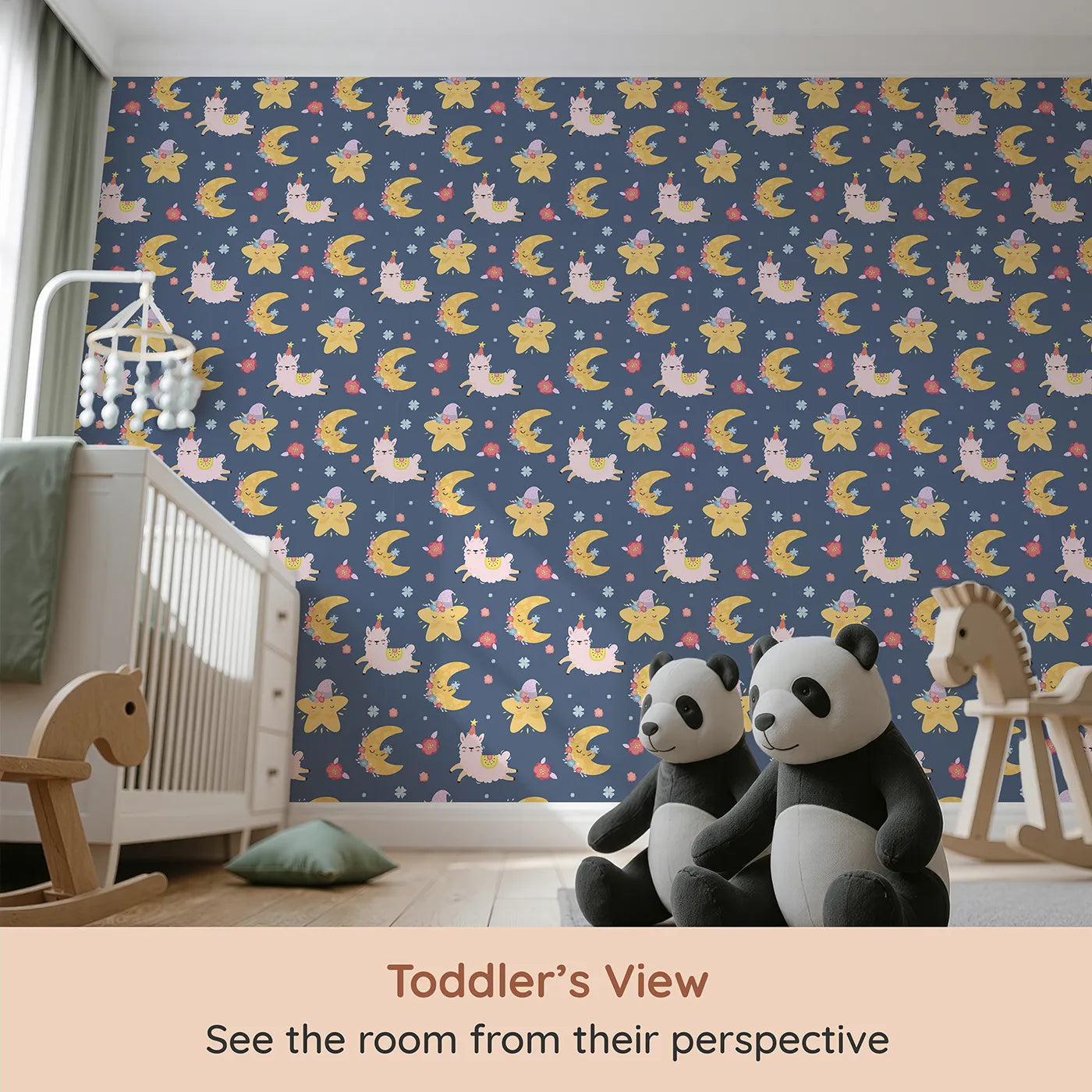 Whimsy Tots Llama Moon Parade Wallpaper in Soft Night Blue (W3201B) from your child's view.Sweet llamas and twinkling moons float across a peaceful night sky.