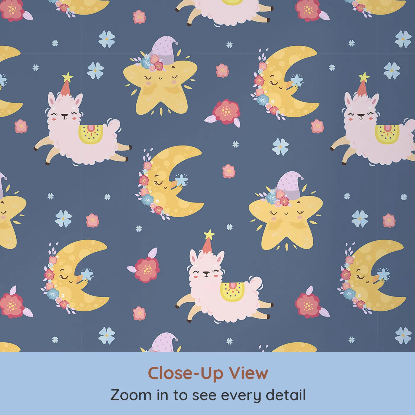 Close-up view of Whimsy Tots' Llama Moon Parade Wallpaper in Soft Night Blue (W3201B).Sweet llamas and twinkling moons float across a peaceful night sky.