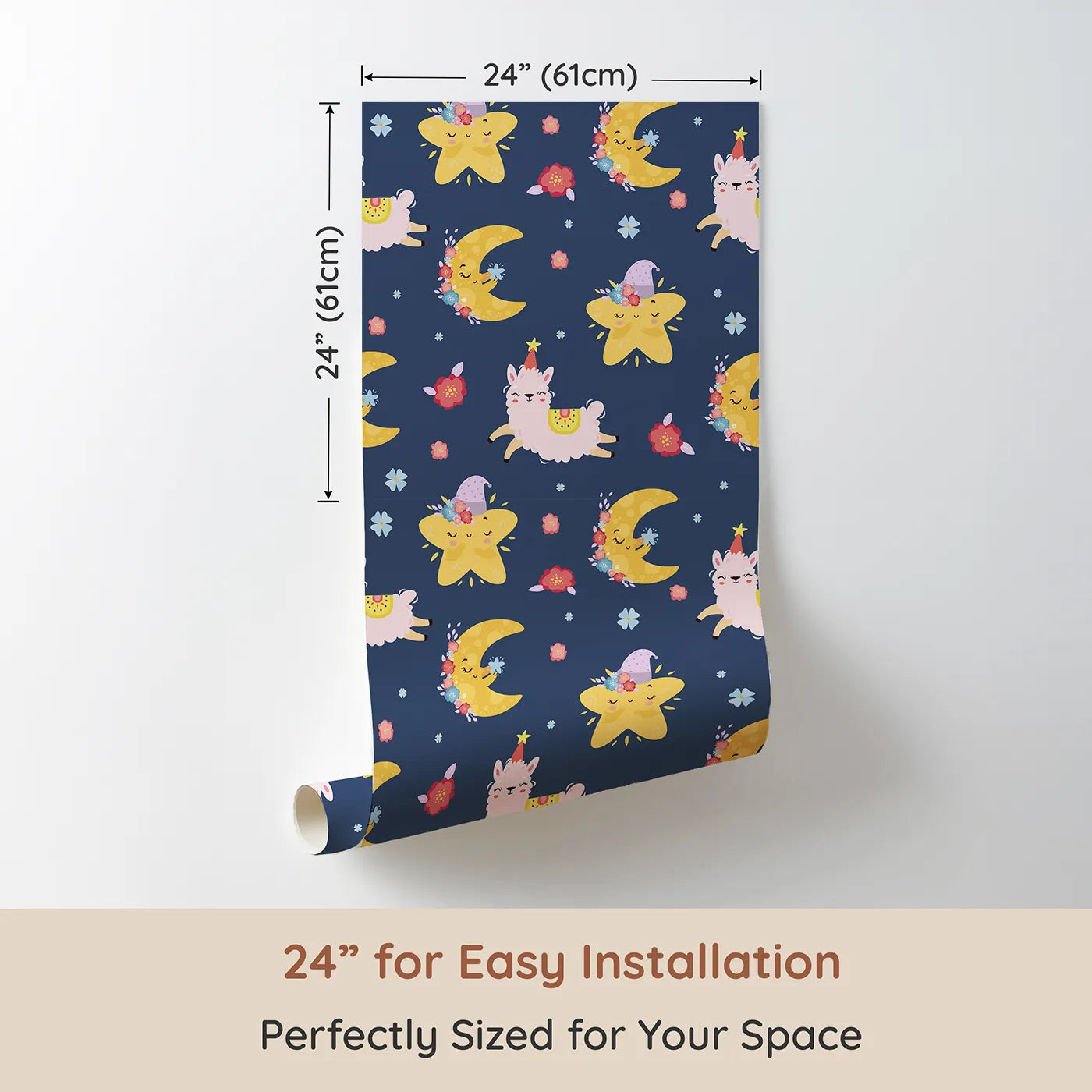 Dimension view of Whimsy Tots Llama Moon Parade Wallpaper in Soft Night Blue (W3201B). Printed in 24-inch-wide panel for easy installation. Sweet llamas and twinkling moons float across a peaceful night sky.
