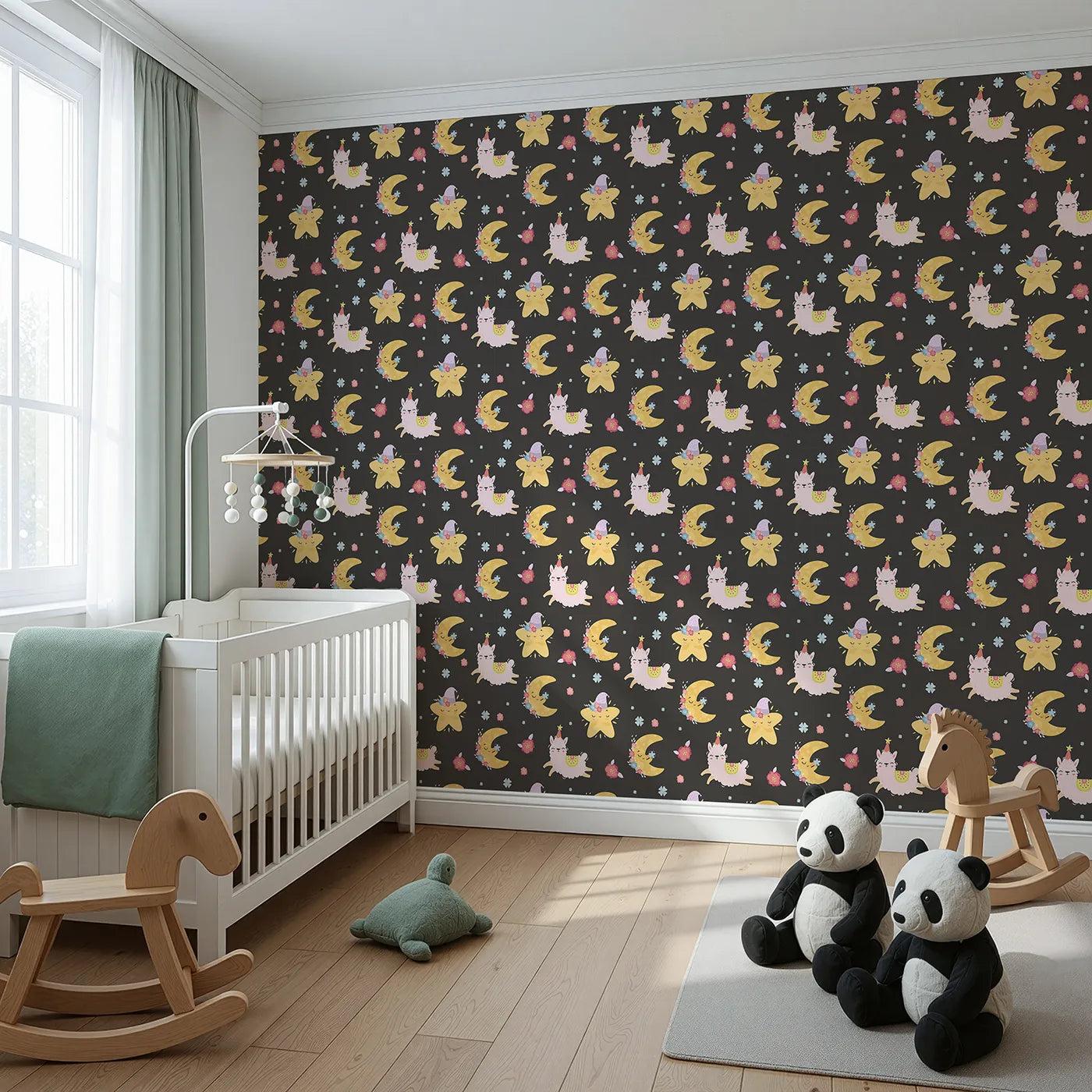 Angled view of Whimsy Tots' Llama Moon Parade Wallpaper in Midnight Black (W3201C).Dancing llamas and sleepy moons twinkle against a midnight sky.