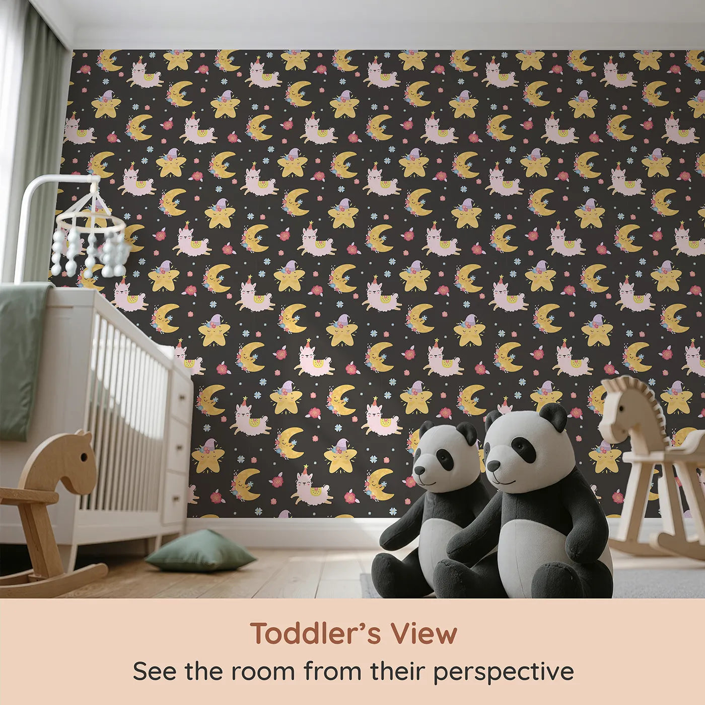 Whimsy Tots Llama Moon Parade Wallpaper in Midnight Black (W3201C) from your child's view.Dancing llamas and sleepy moons twinkle against a midnight sky.