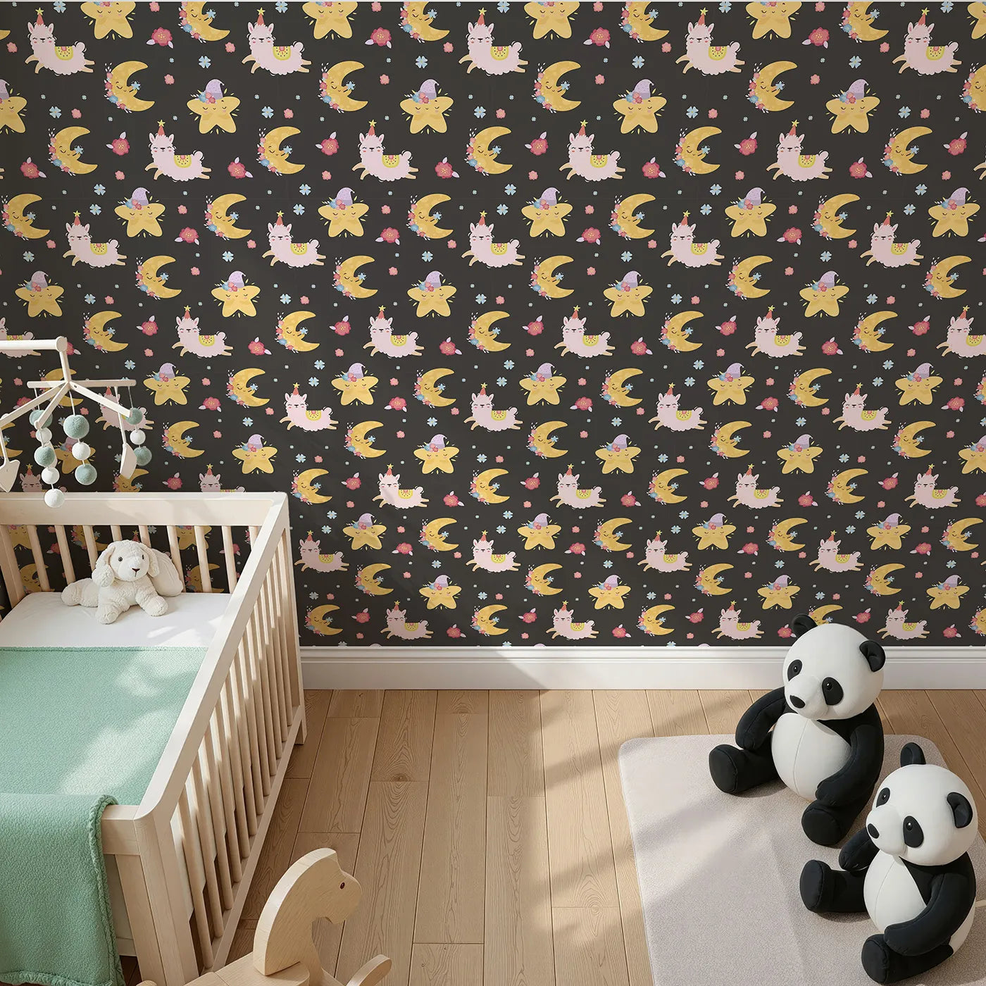 Top-Down view of Whimsy Tots' Llama Moon Parade Wallpaper in Midnight Black (W3201C).Dancing llamas and sleepy moons twinkle against a midnight sky.