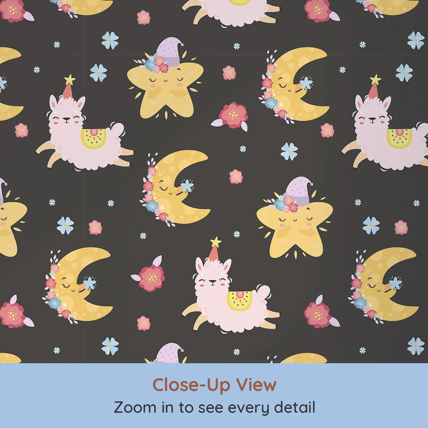 Close-up view of Whimsy Tots' Llama Moon Parade Wallpaper in Midnight Black (W3201C).Dancing llamas and sleepy moons twinkle against a midnight sky.