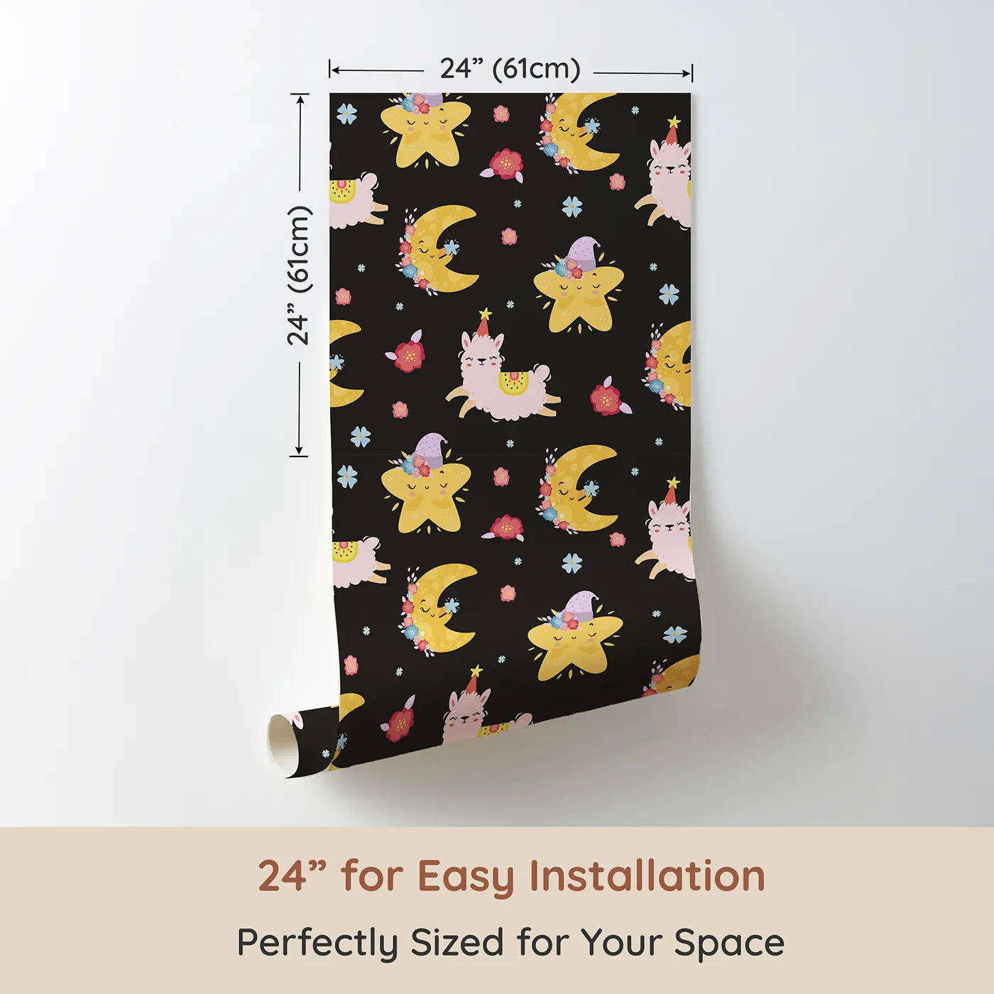 Dimension view of Whimsy Tots Llama Moon Parade Wallpaper in Midnight Black (W3201C). Printed in 24-inch-wide panel for easy installation. Dancing llamas and sleepy moons twinkle against a midnight sky.