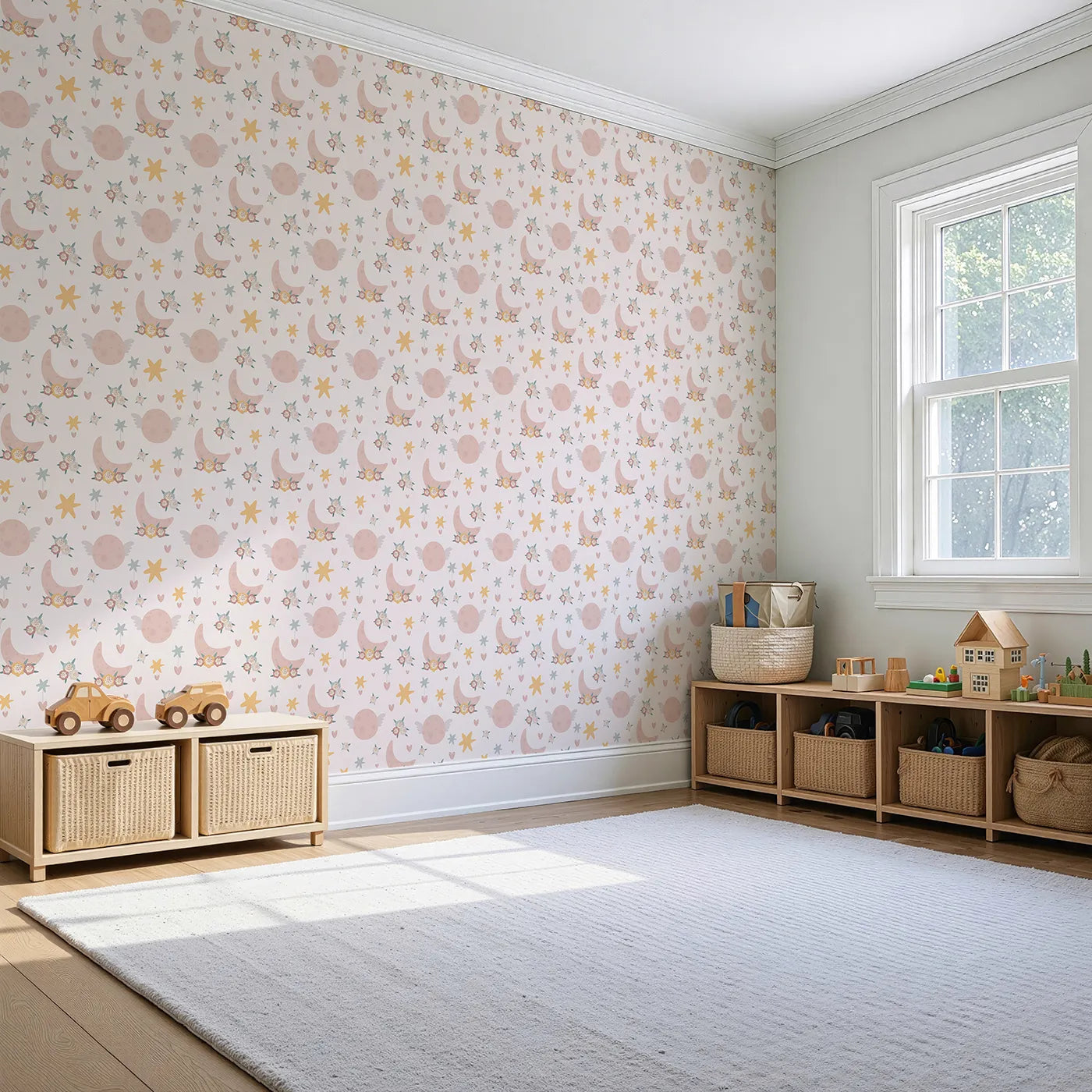 Angled view of Whimsy Tots' Celestial Petal Dreams Wallpaper in Soft Blush Pink (W3202A).Moons wear flowers and stars whisper love in this dreamy sky.