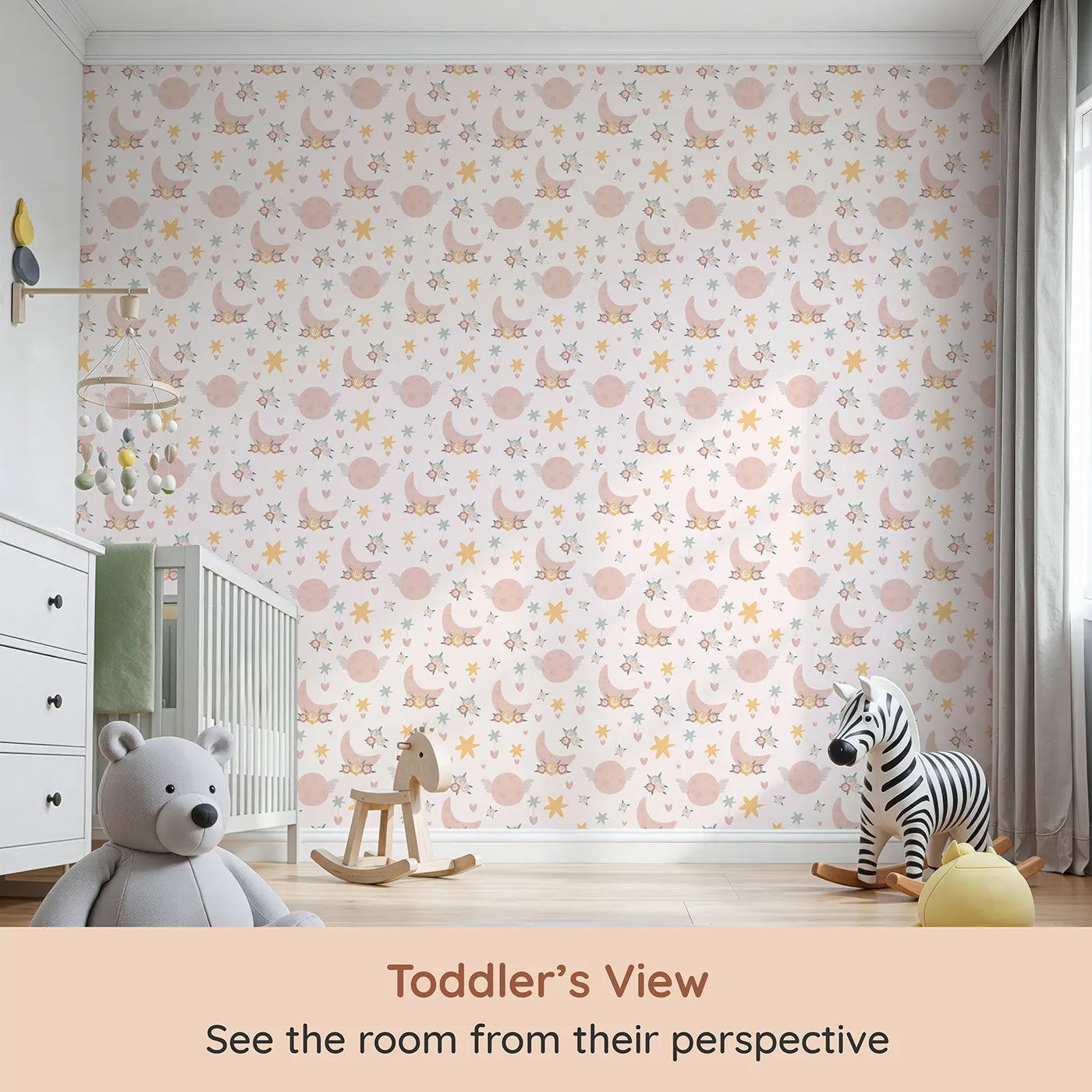 Whimsy Tots Celestial Petal Dreams Wallpaper in Soft Blush Pink (W3202A) from your child's view.Moons wear flowers and stars whisper love in this dreamy sky.