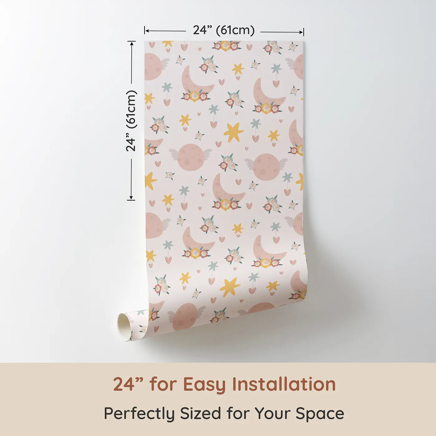 Dimension view of Whimsy Tots Celestial Petal Dreams Wallpaper in Soft Blush Pink (W3202A). Printed in 24-inch-wide panel for easy installation. Moons wear flowers and stars whisper love in this dreamy sky.