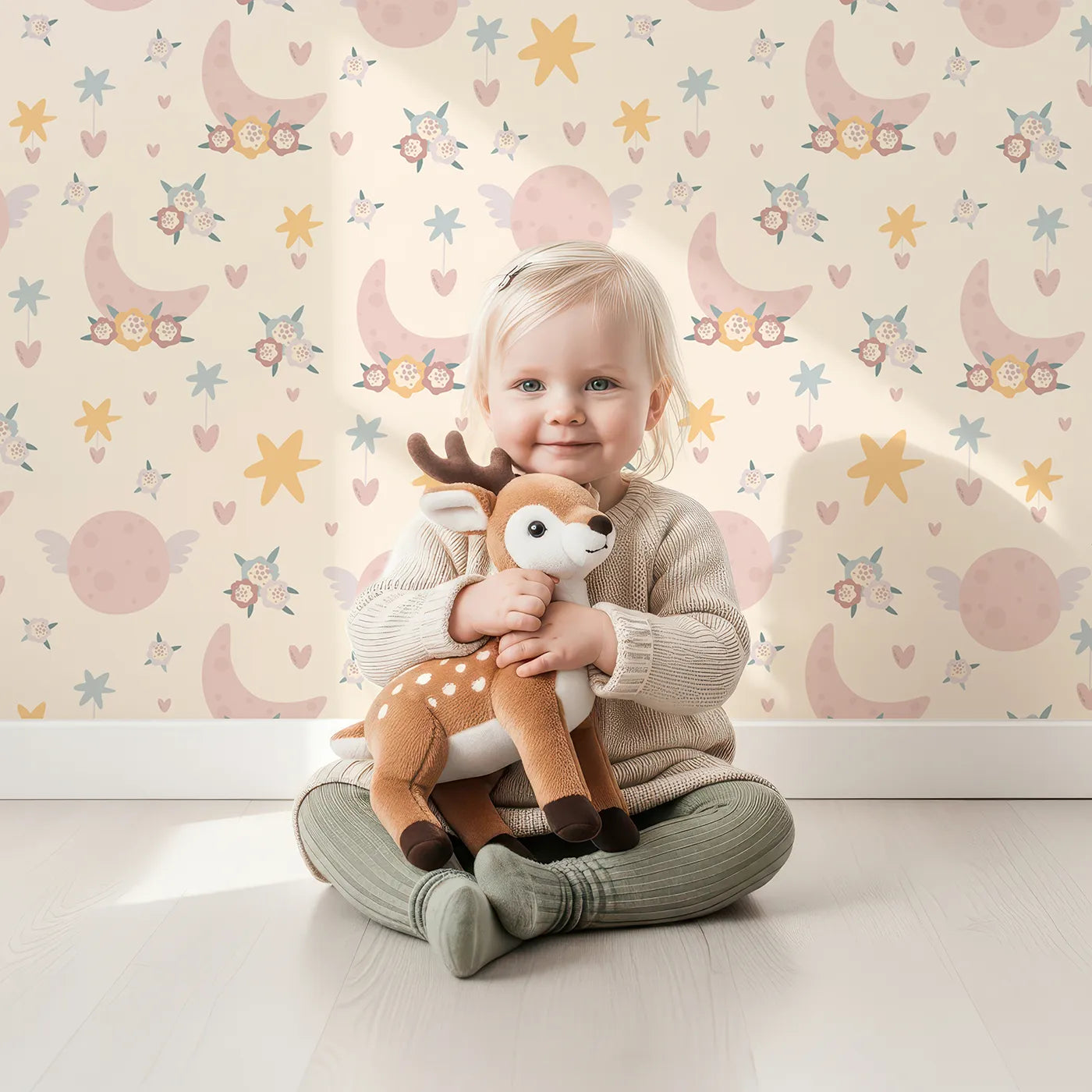 Lovely child standing in front of Whimsy Tots Celestial Petal Dreams Wallpaper in Vanilla Cream with moon, flower, heart, star, wing in design.
