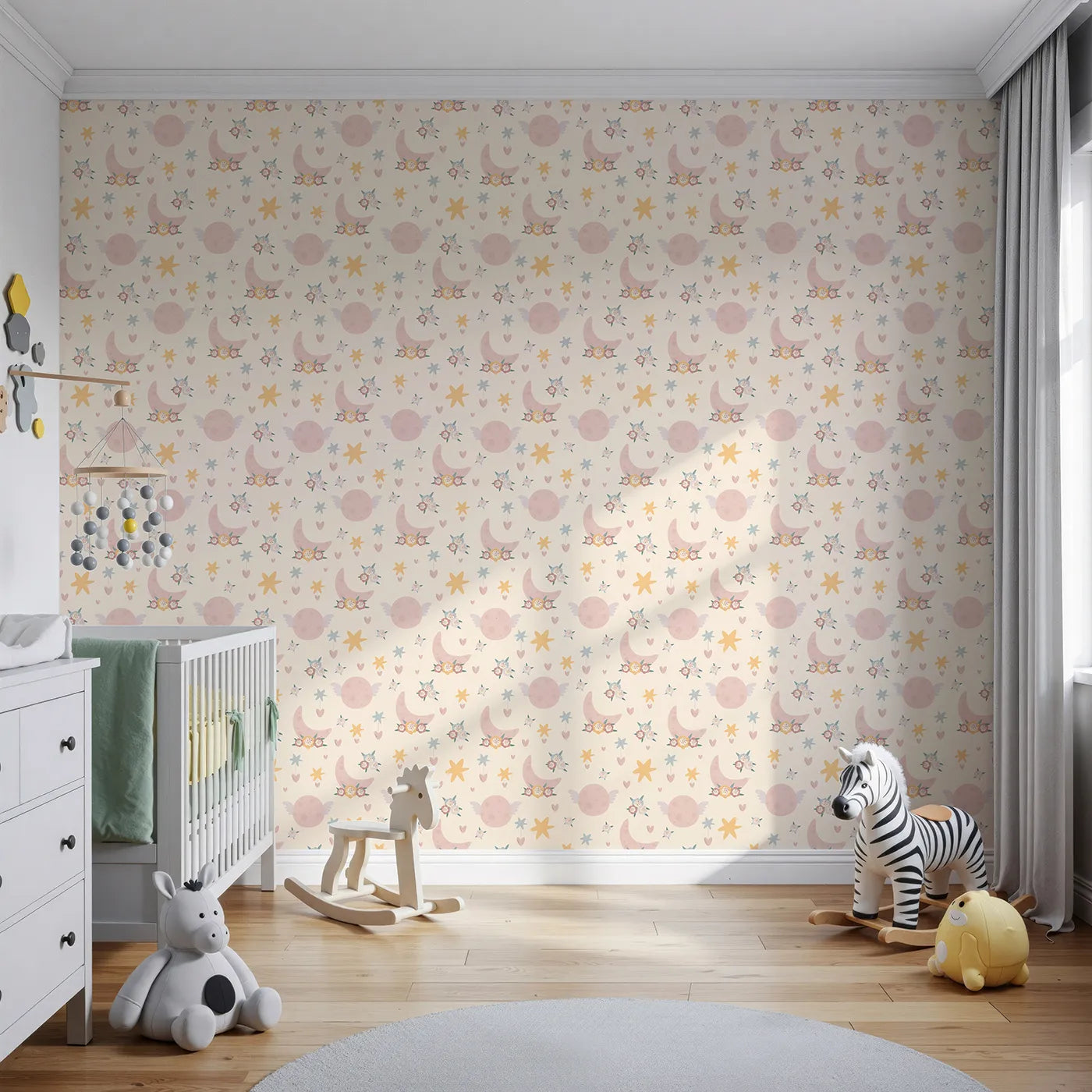 Front view of Whimsy Tots' Celestial Petal Dreams Wallpaper in Vanilla Cream