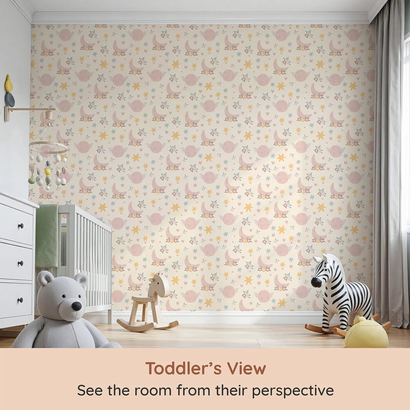 Whimsy Tots Celestial Petal Dreams Wallpaper in Vanilla Cream (W3202B) from your child's view.Blossom-topped moons and flying planets float through creamy skies.